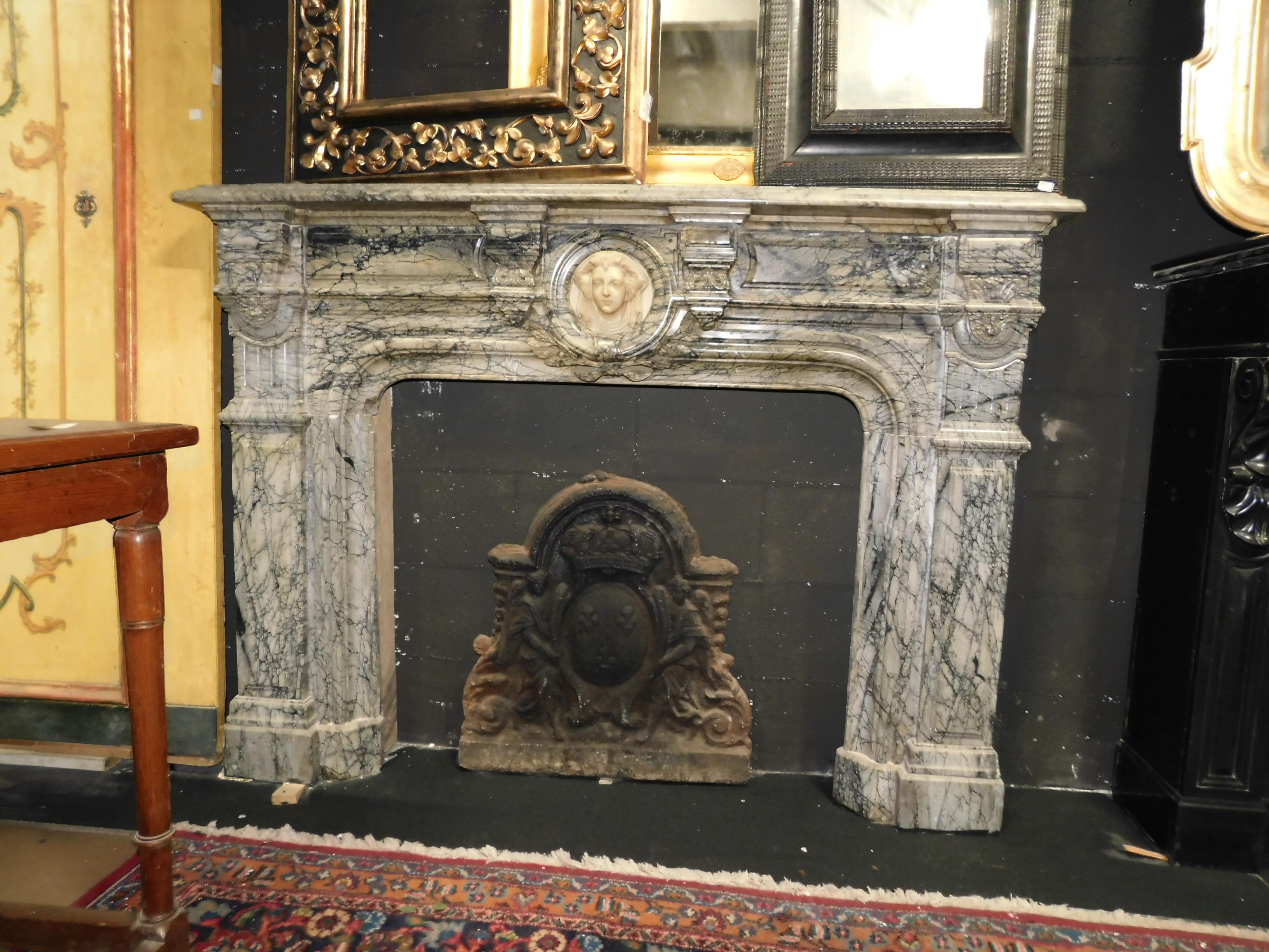 19th Century Antique Neoclassical Gray Marble Fireplace with a White Carrara Face, 1800 Italy