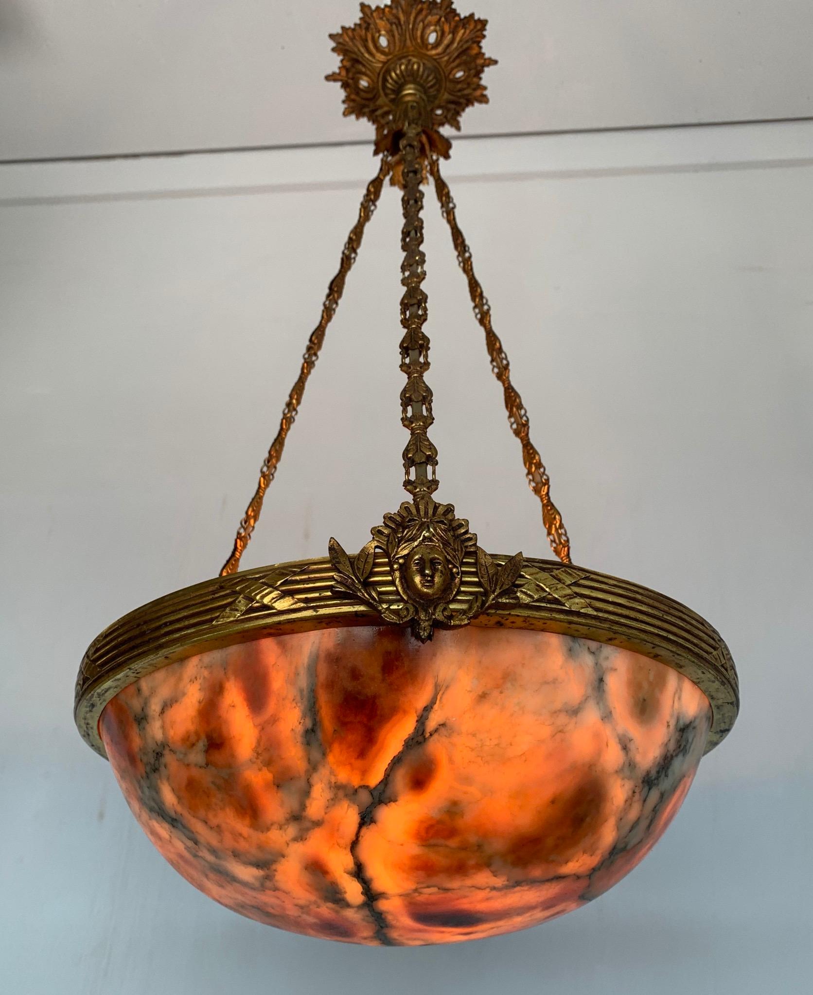 Antique Neoclassical Great Lava Color Alabaster & Bronze Pendant Light Fixture For Sale 3