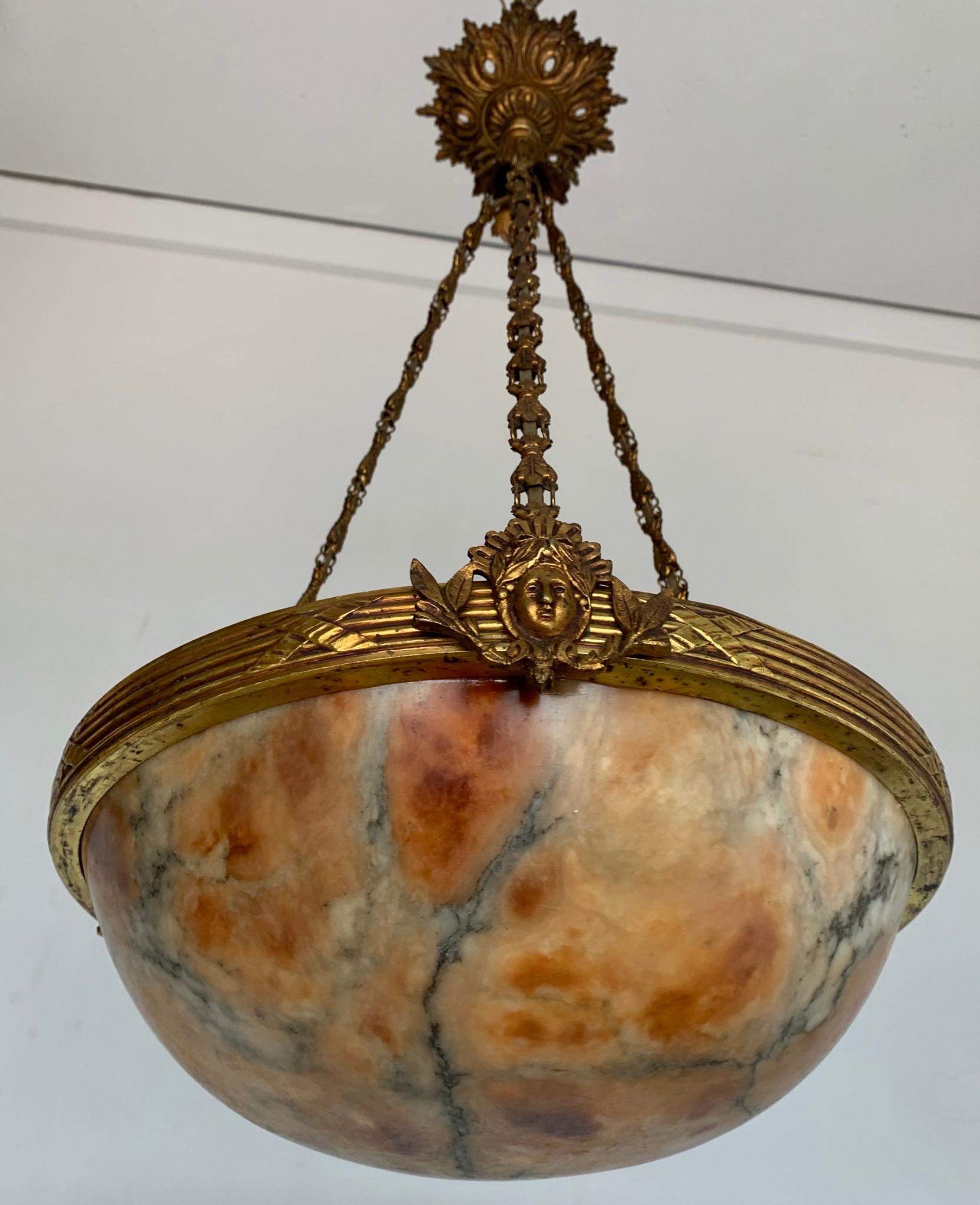 Antique Neoclassical Great Lava Color Alabaster & Bronze Pendant Light Fixture For Sale 7