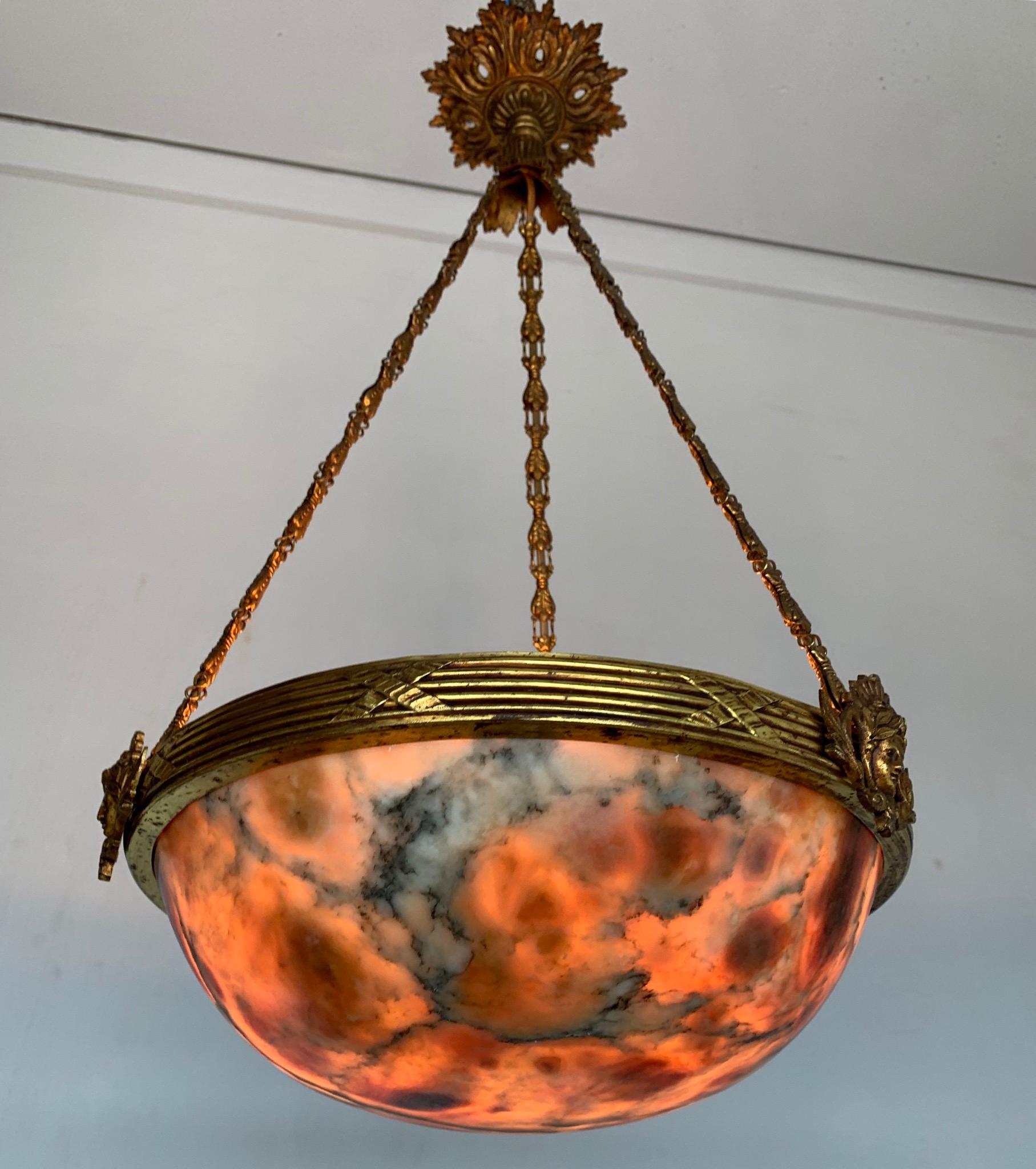 Antique Neoclassical Great Lava Color Alabaster & Bronze Pendant Light Fixture For Sale 12