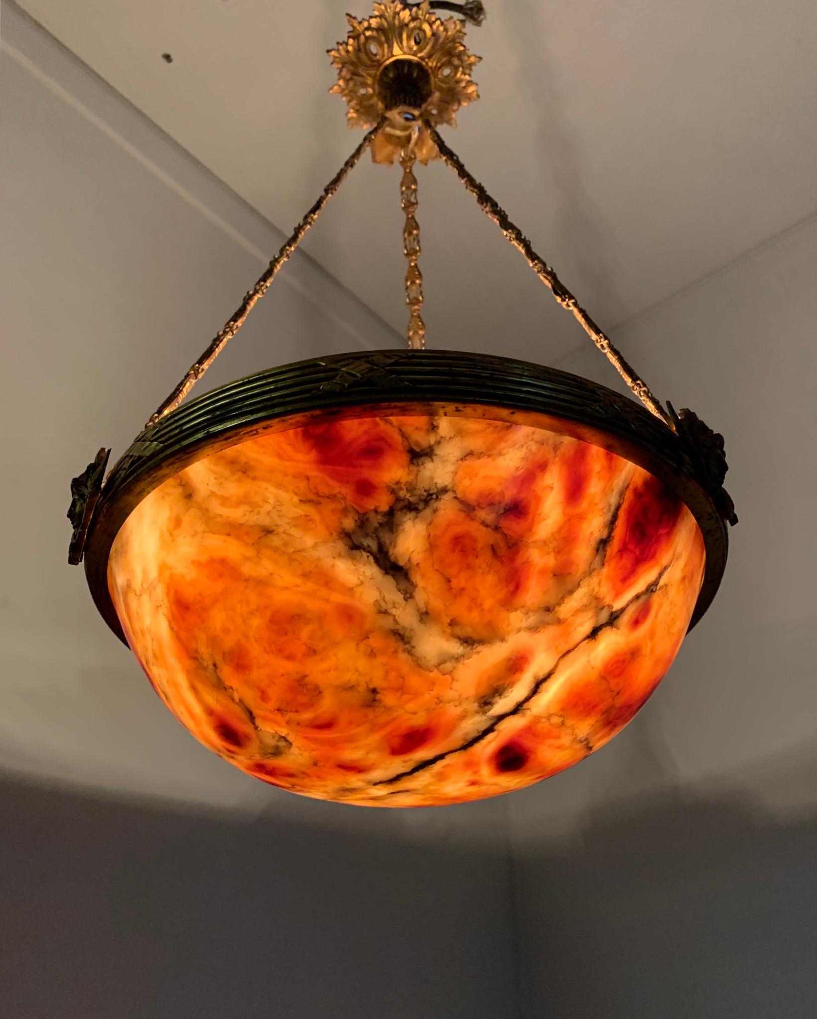 French Antique Neoclassical Great Lava Color Alabaster & Bronze Pendant Light Fixture For Sale