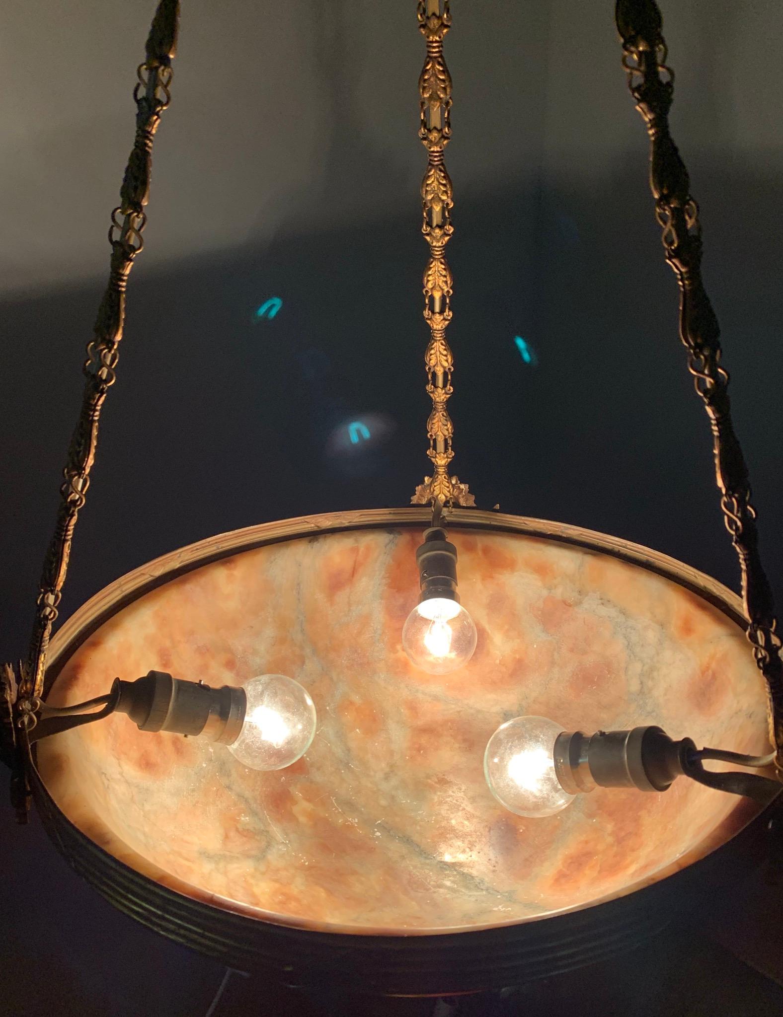 20th Century Antique Neoclassical Great Lava Color Alabaster & Bronze Pendant Light Fixture For Sale