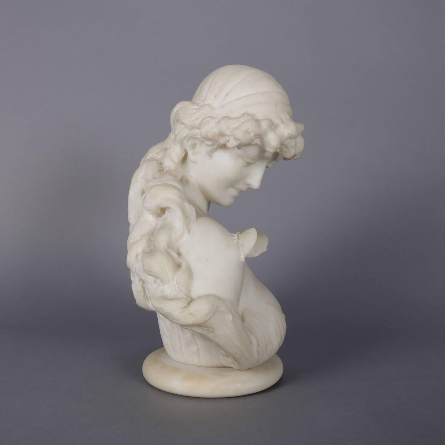 Antique neoclassical Italian carved alabaster portrait bust sculpture depicts young woman with butterfly on her shoulder, 19th century

Measures - 7