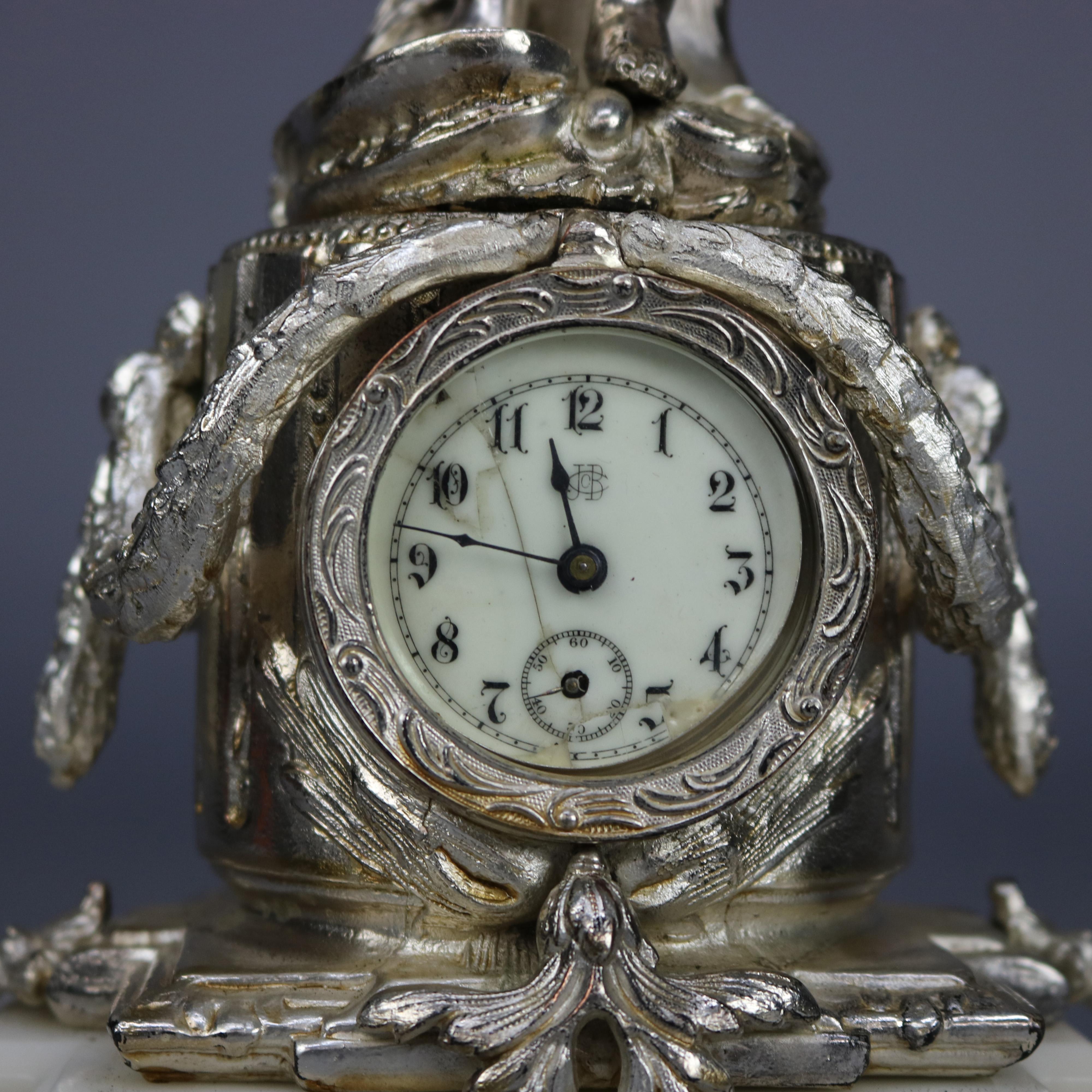 Glass Neoclassical Jennings Silver Gilt and Marble Figural Cherub Clock, circa 1890