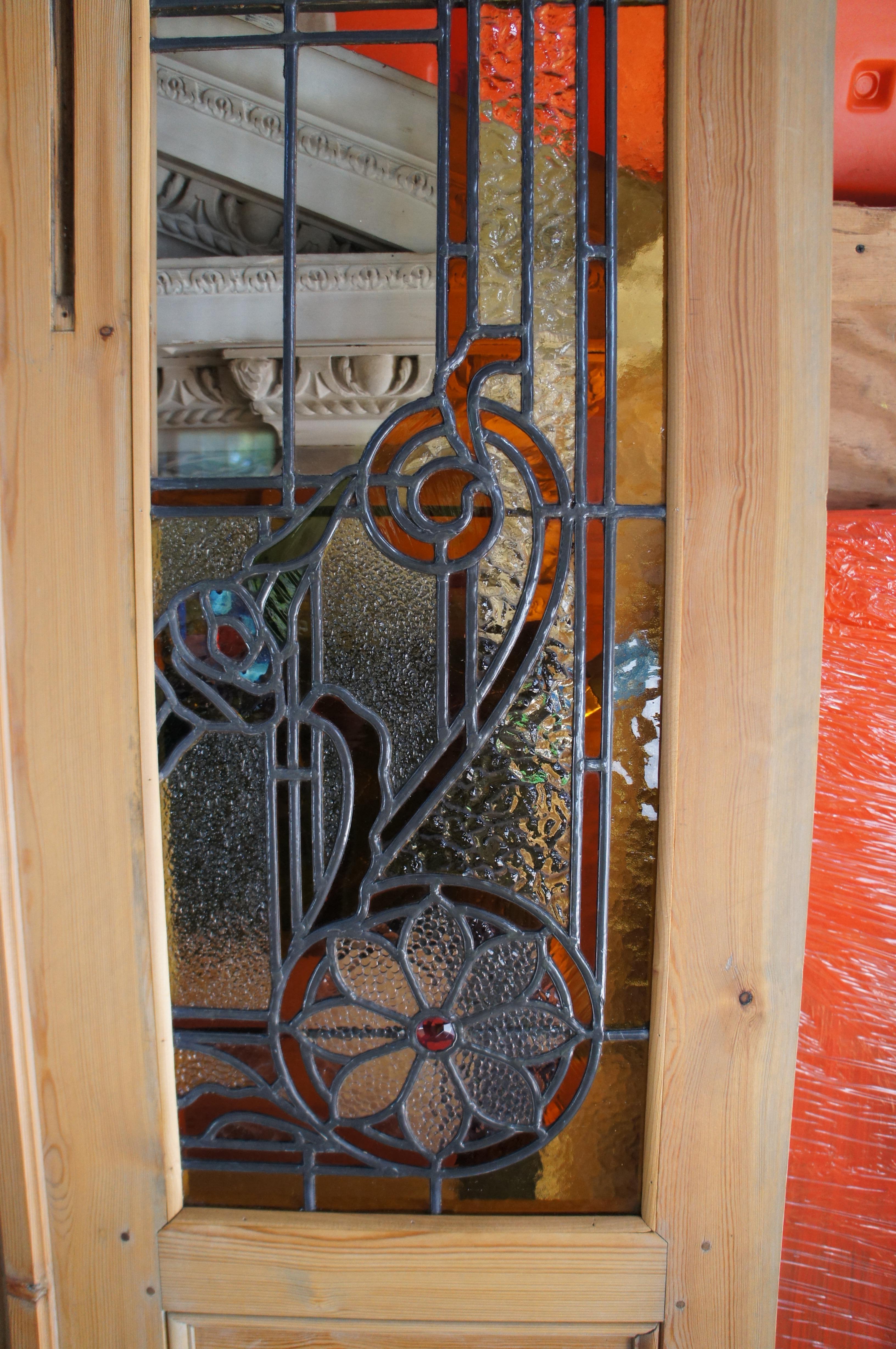 Antique Neoclassical Leaded Stained Glass Pine Floral French Doors Sidelite 90
