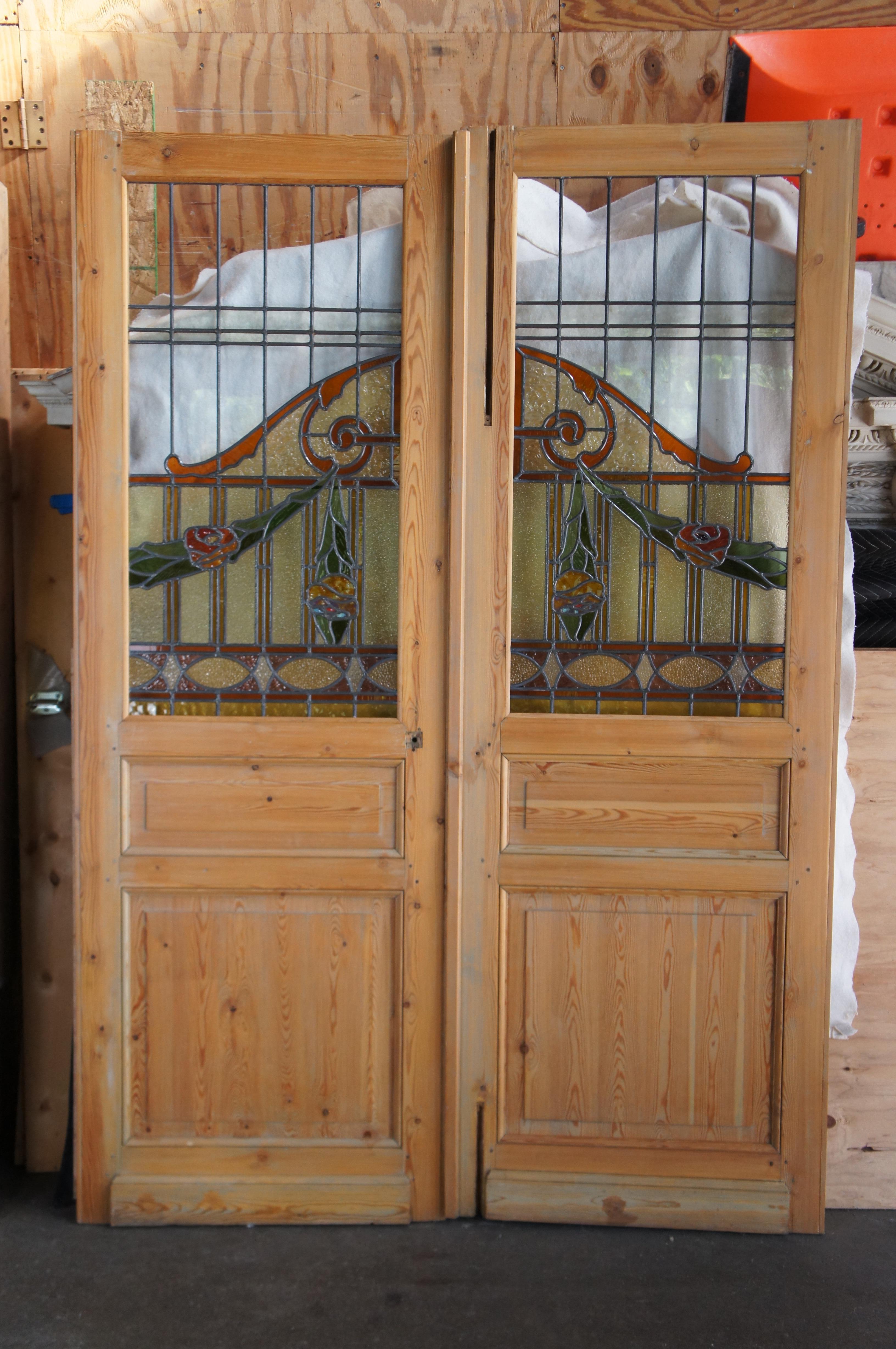 Antique Neoclassical Leaded Stained Glass Pine Floral French Doors Sidelite 90