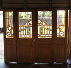Antique Neoclassical Leaded Stained Glass Pine Floral French Doors Sidelite 90"