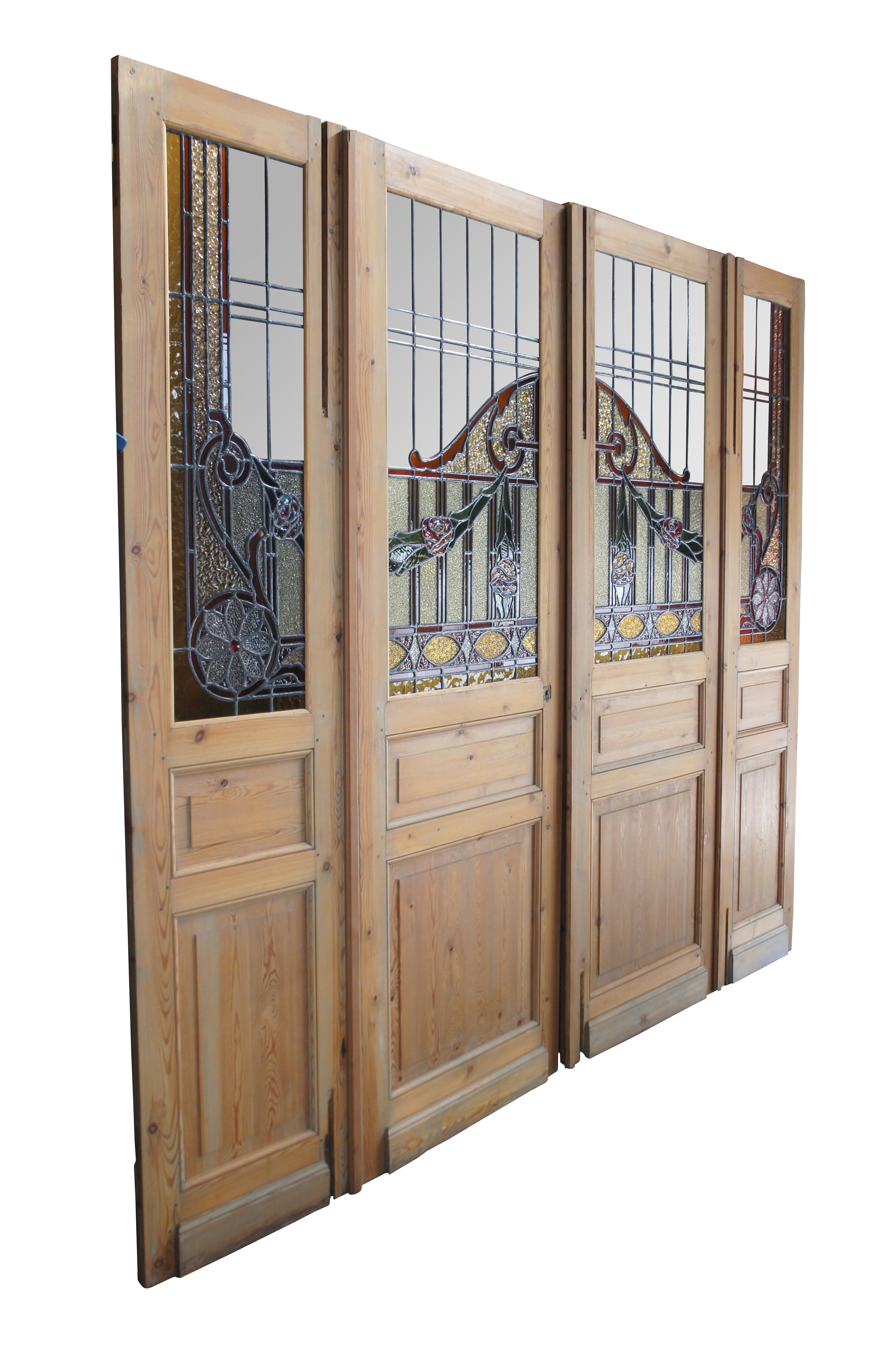 Antique Neoclassical Leaded Stained Glass Pine Floral French Doors Sidelite 90