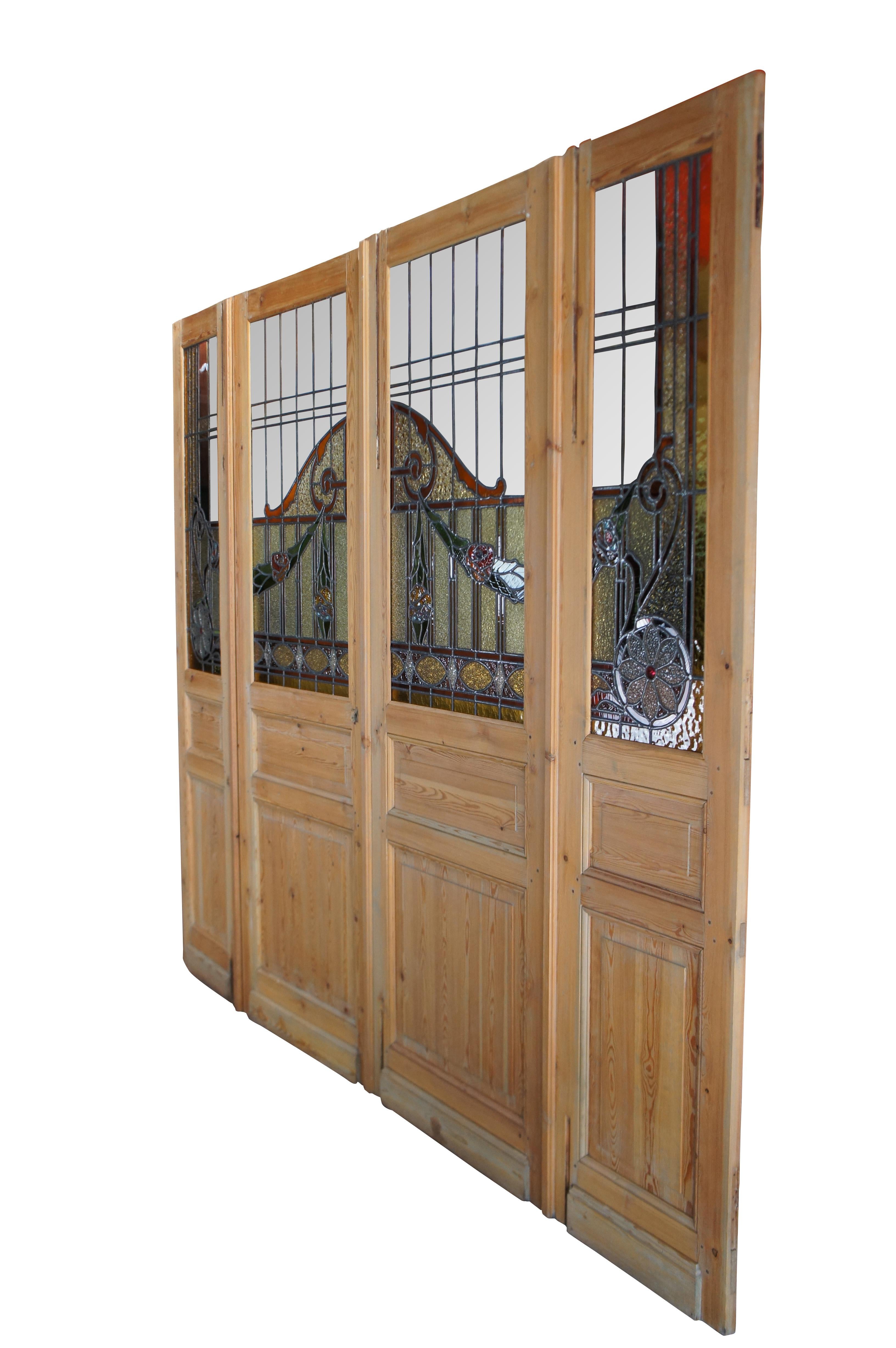 Antique Neoclassical Leaded Stained Glass Pine Floral French Doors Sidelite 90
