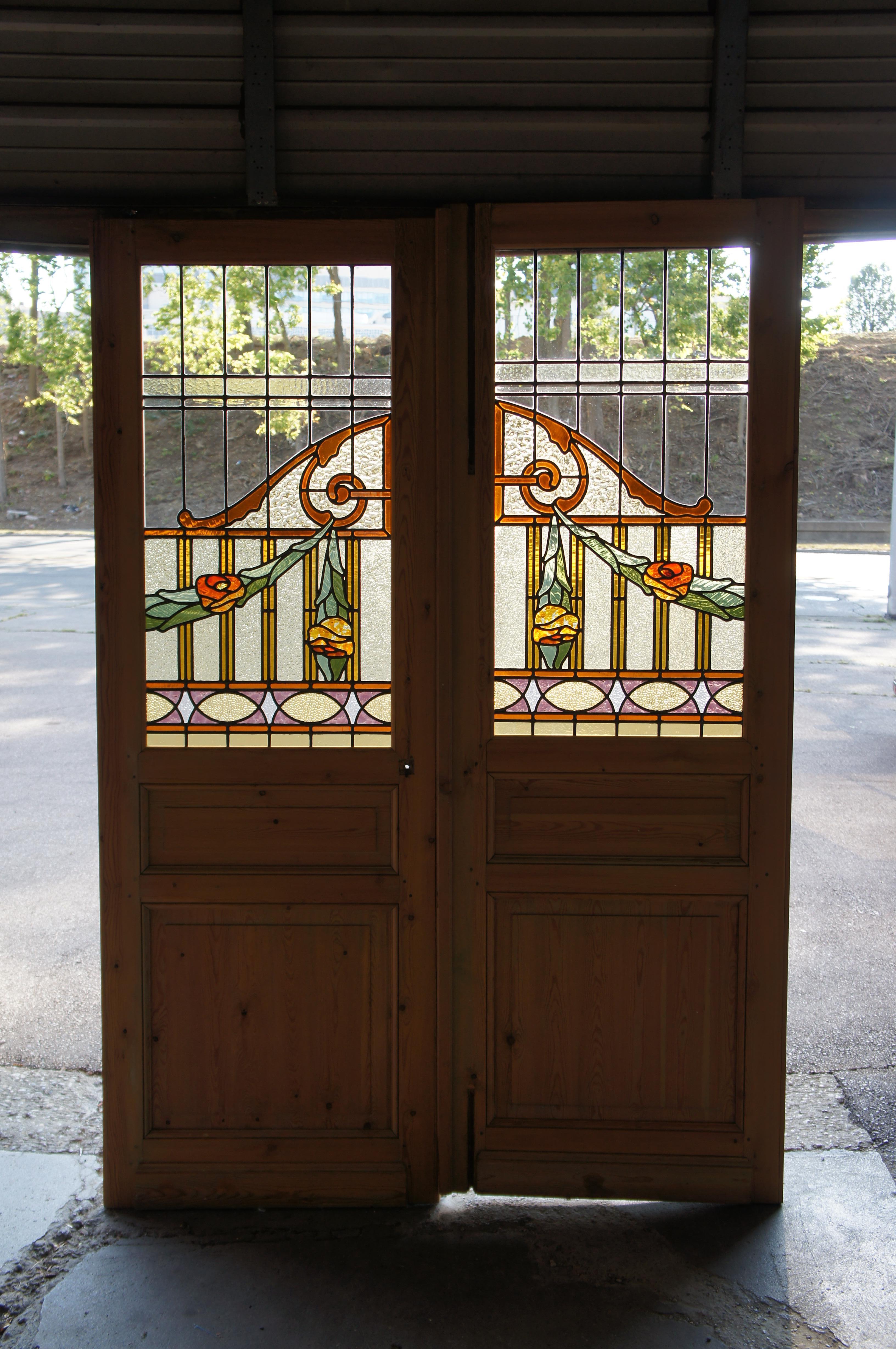 Antique Neoclassical Leaded Stained Glass Pine Floral French Doors Sidelite 90