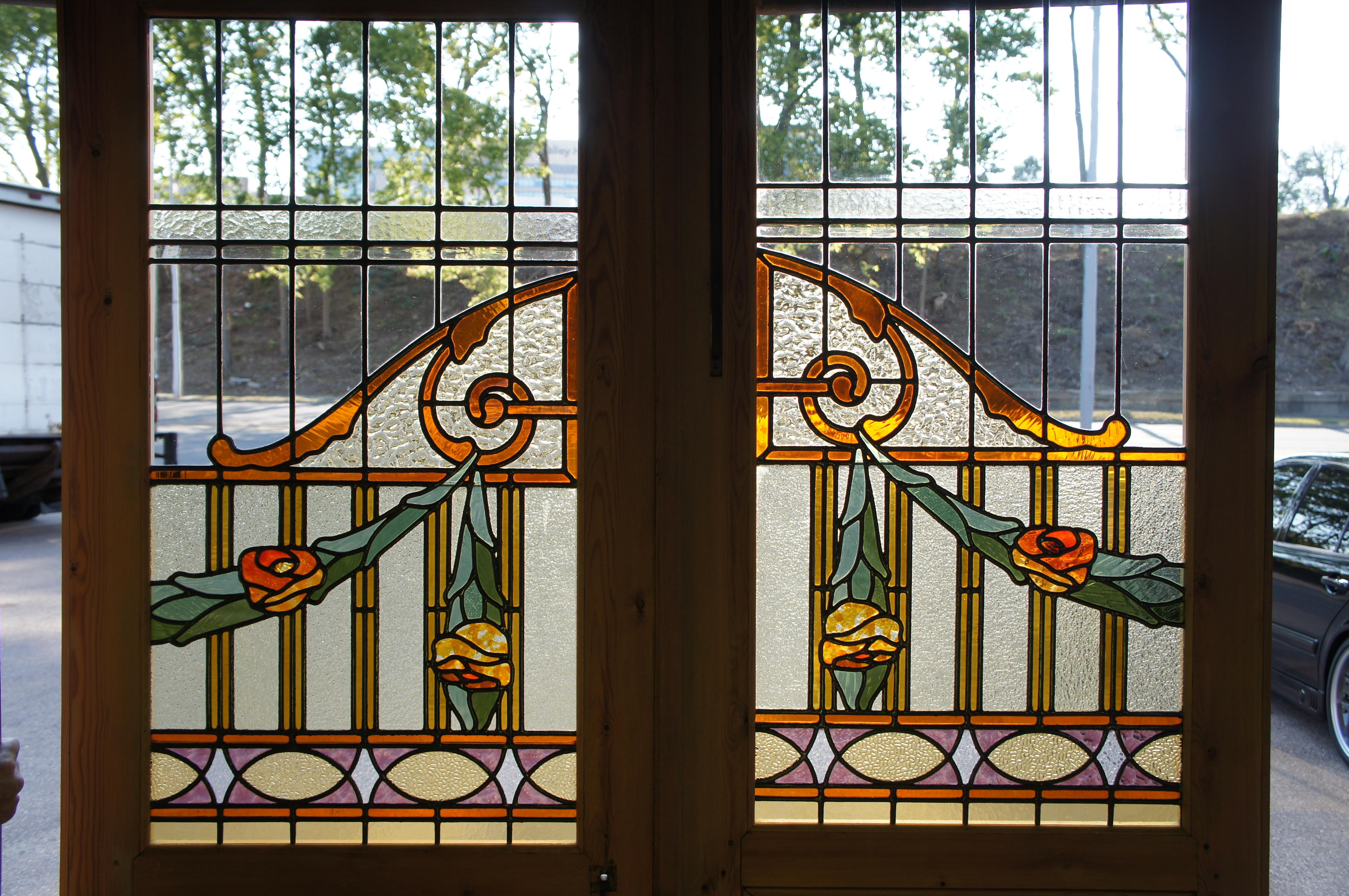 Antique Neoclassical Leaded Stained Glass Pine Floral French Doors Sidelite 90