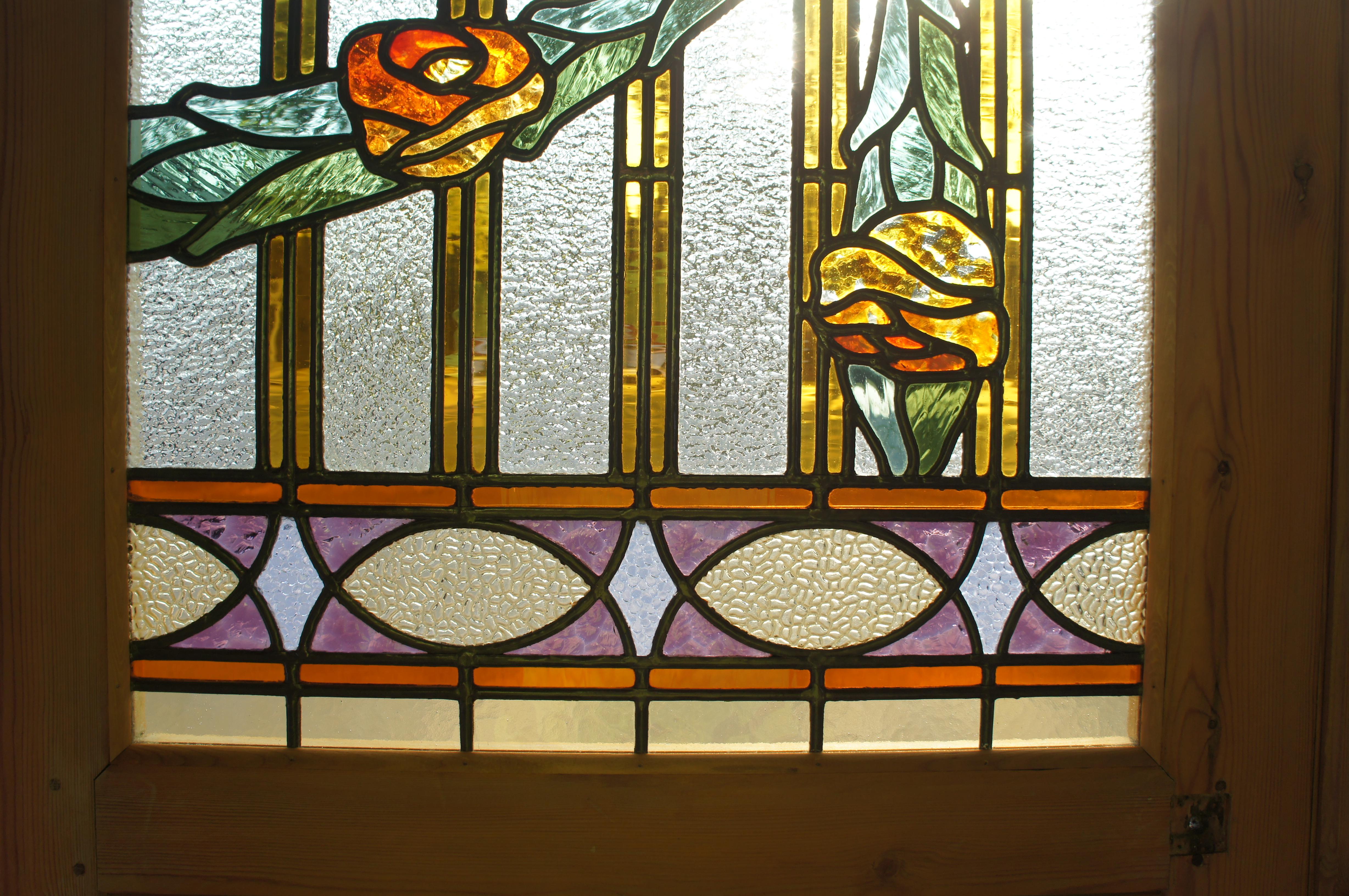Antique Neoclassical Leaded Stained Glass Pine Floral French Doors Sidelite 90