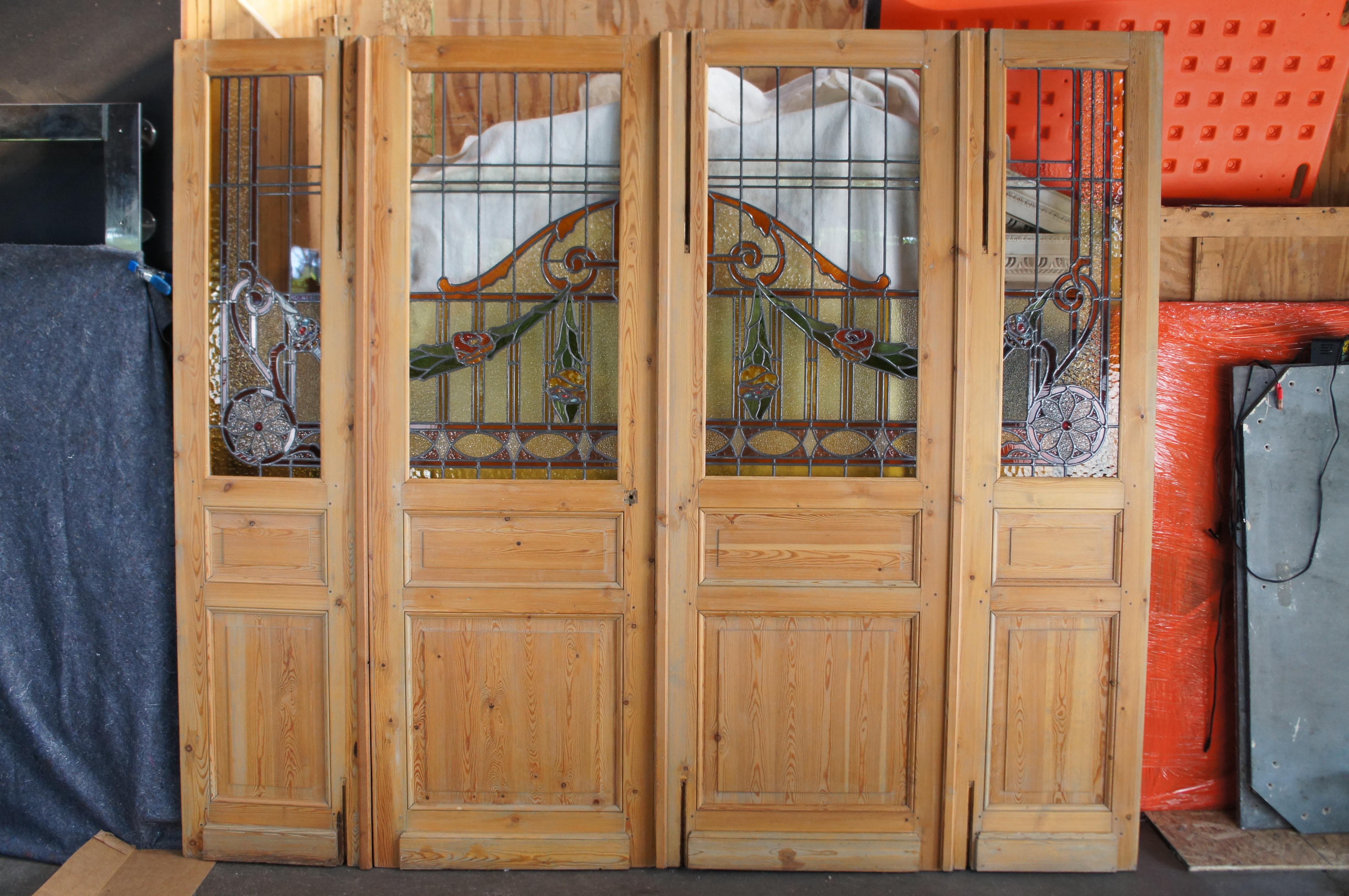 Antique Neoclassical Leaded Stained Glass Pine Floral French Doors Sidelite 90