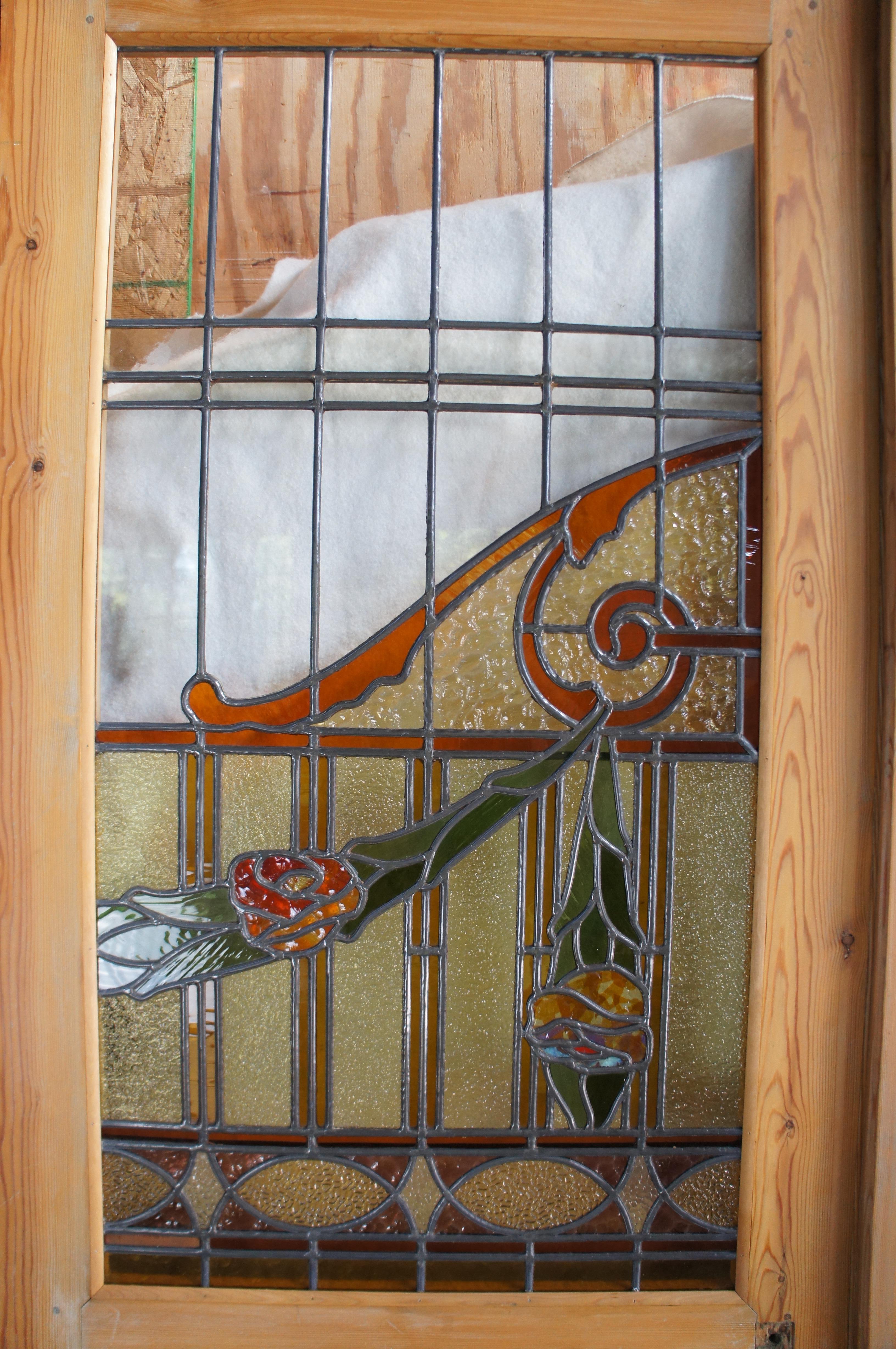 Antique Neoclassical Leaded Stained Glass Pine Floral French Doors Sidelite 90