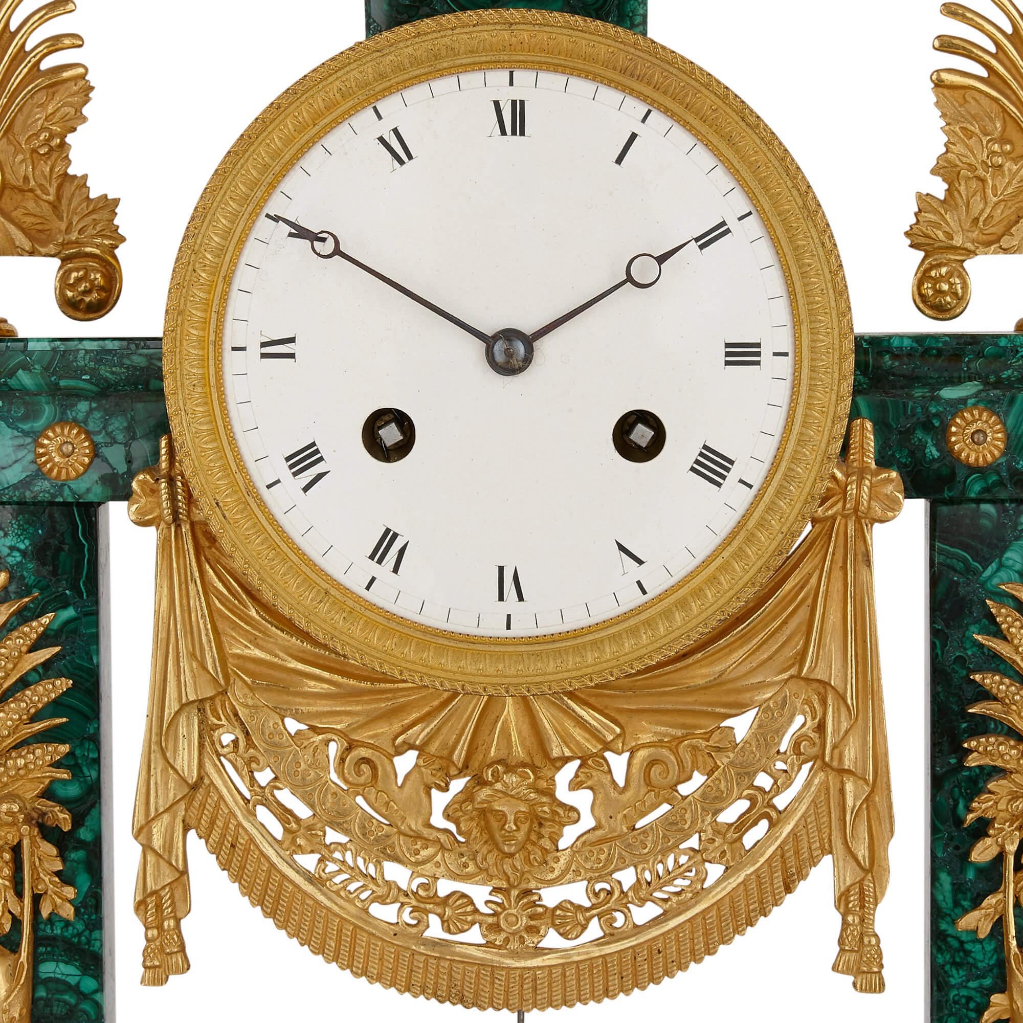 French Antique Neoclassical Louis XVI Gilt Bronze and Malachite Clock For Sale