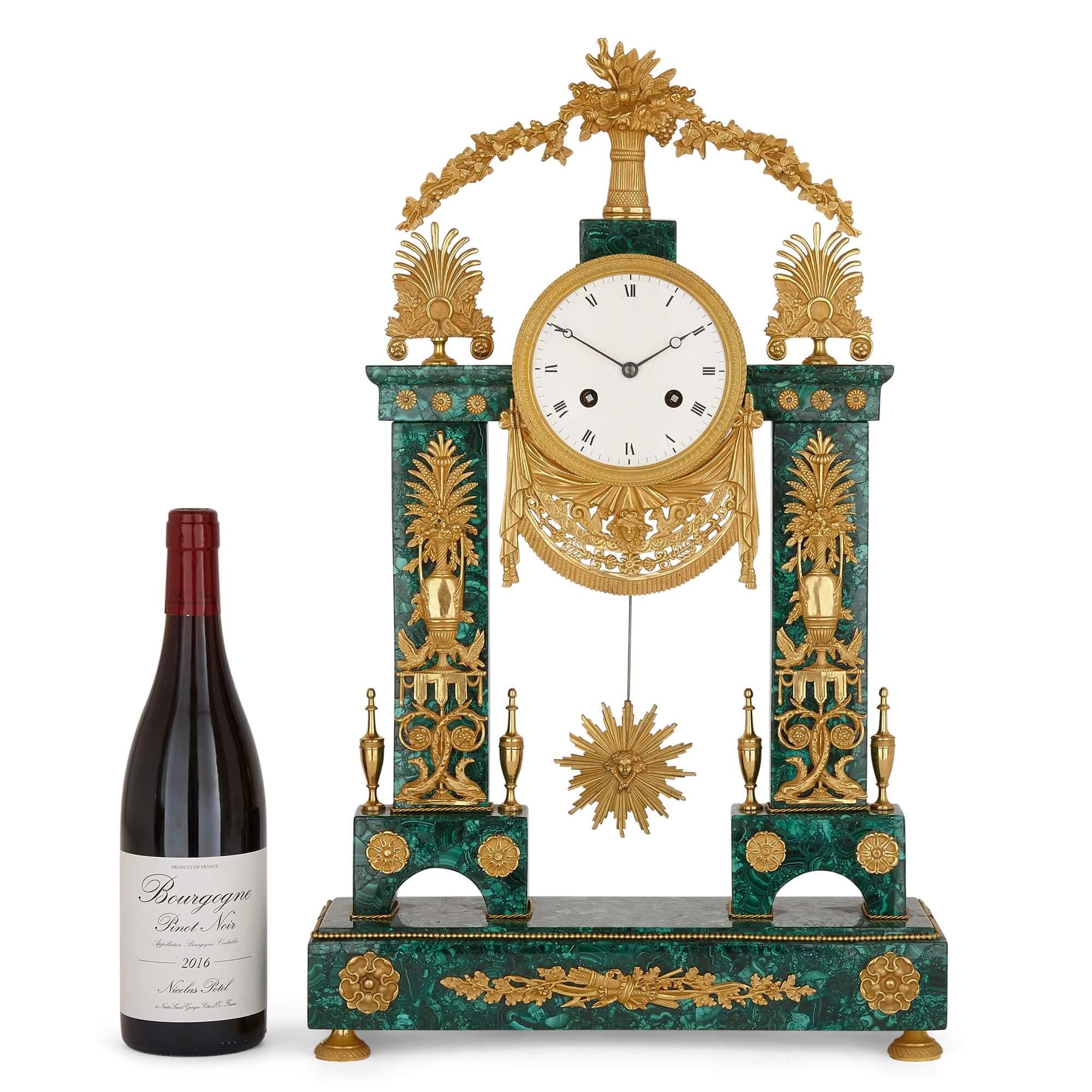 Antique Neoclassical Louis XVI Gilt Bronze and Malachite Clock For Sale 2