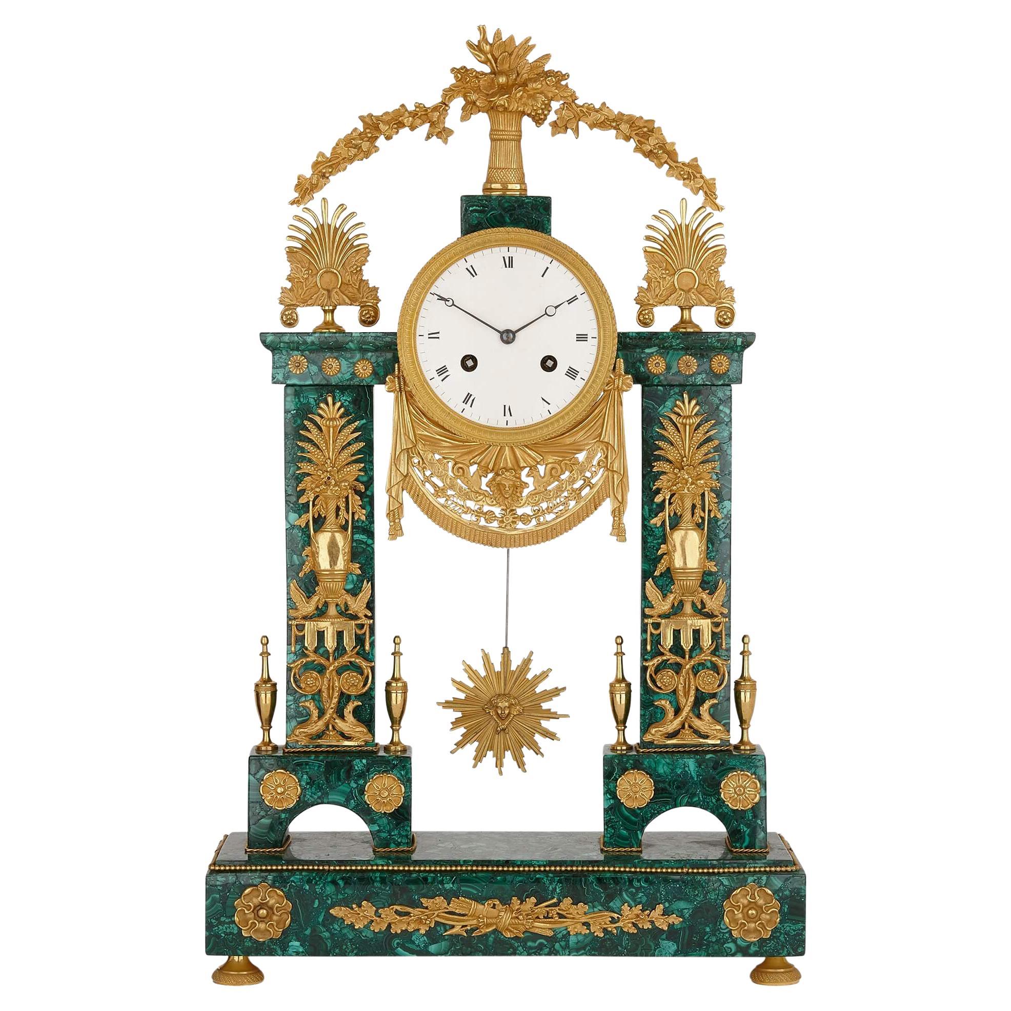 Antique Neoclassical Louis XVI Gilt Bronze and Malachite Clock