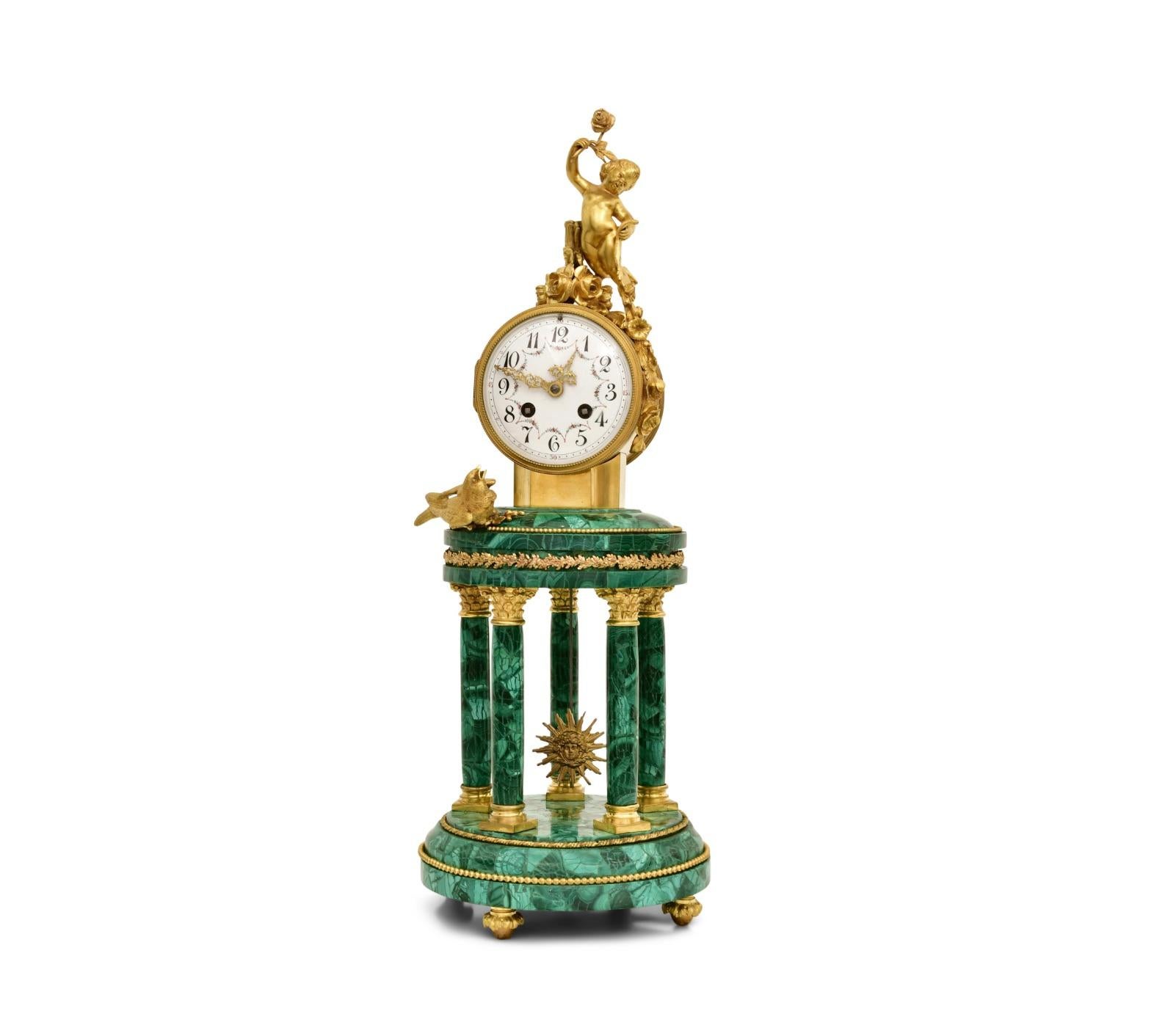 Antique Neoclassical Louis XVI Gilt Bronze / Malachite Mantel Clock For Sale 5