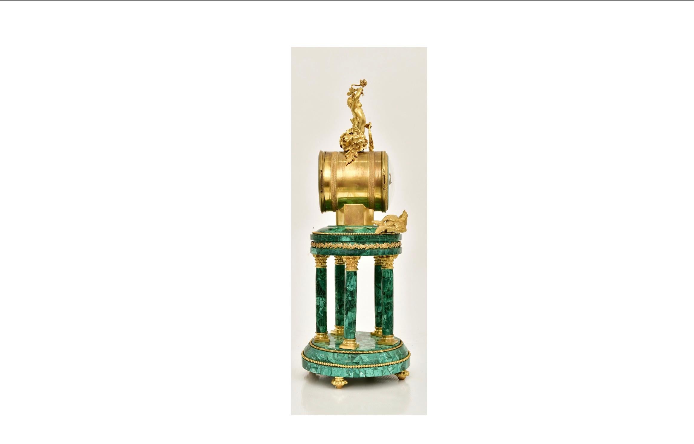 Antique Neoclassical Louis XVI Gilt Bronze / Malachite Mantel Clock In Good Condition For Sale In Tarry Town, NY