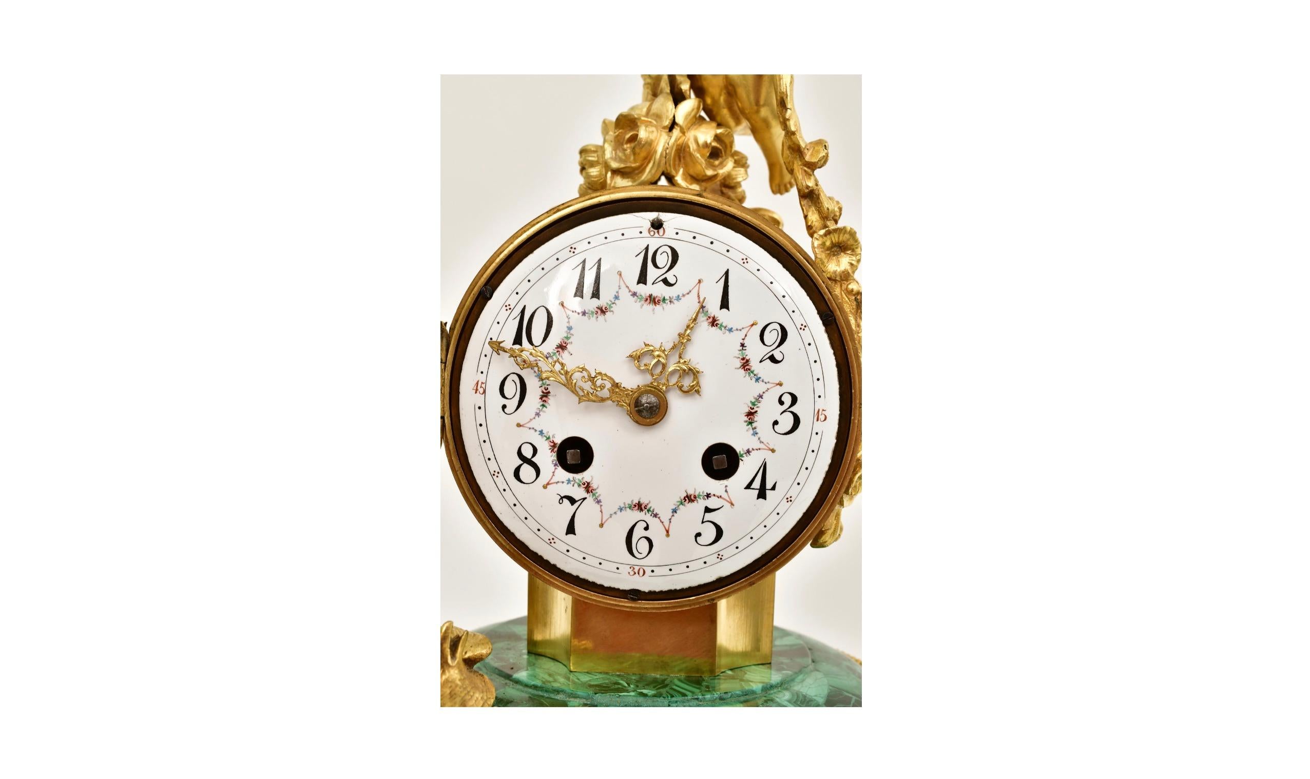Mid-19th Century Antique Neoclassical Louis XVI Gilt Bronze / Malachite Mantel Clock For Sale