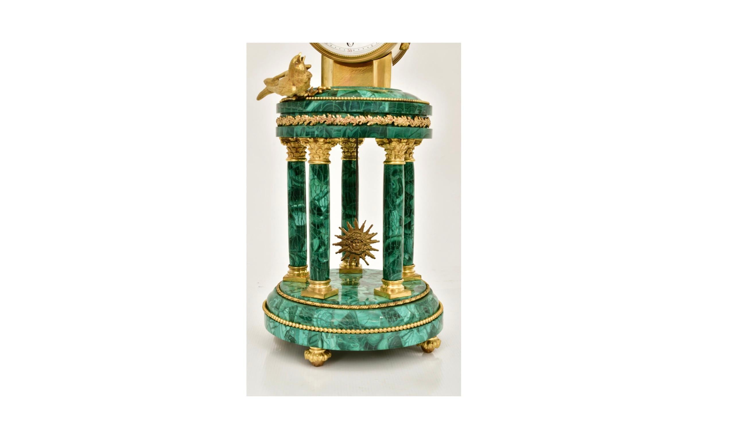 Antique Neoclassical Louis XVI Gilt Bronze / Malachite Mantel Clock For Sale 1