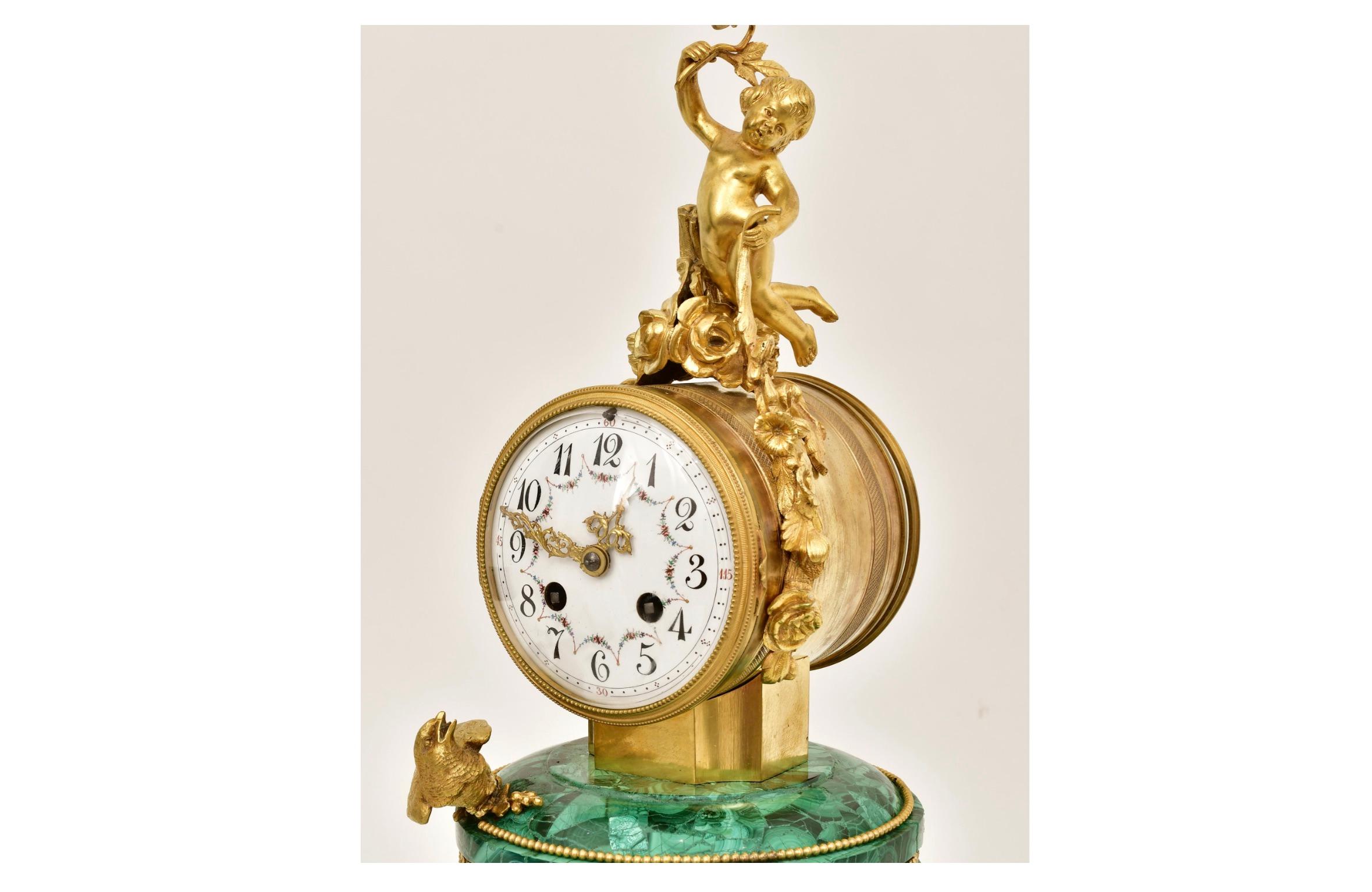 Antique Neoclassical Louis XVI Gilt Bronze / Malachite Mantel Clock For Sale 2
