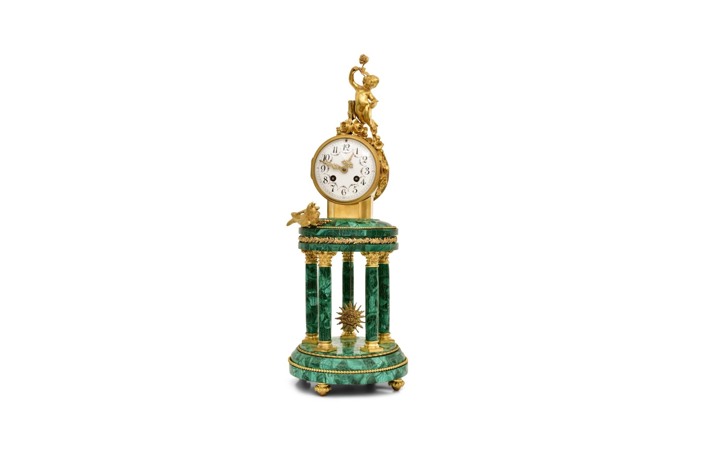 Antique Neoclassical Louis XVI Gilt Bronze / Malachite Mantel Clock For Sale 3