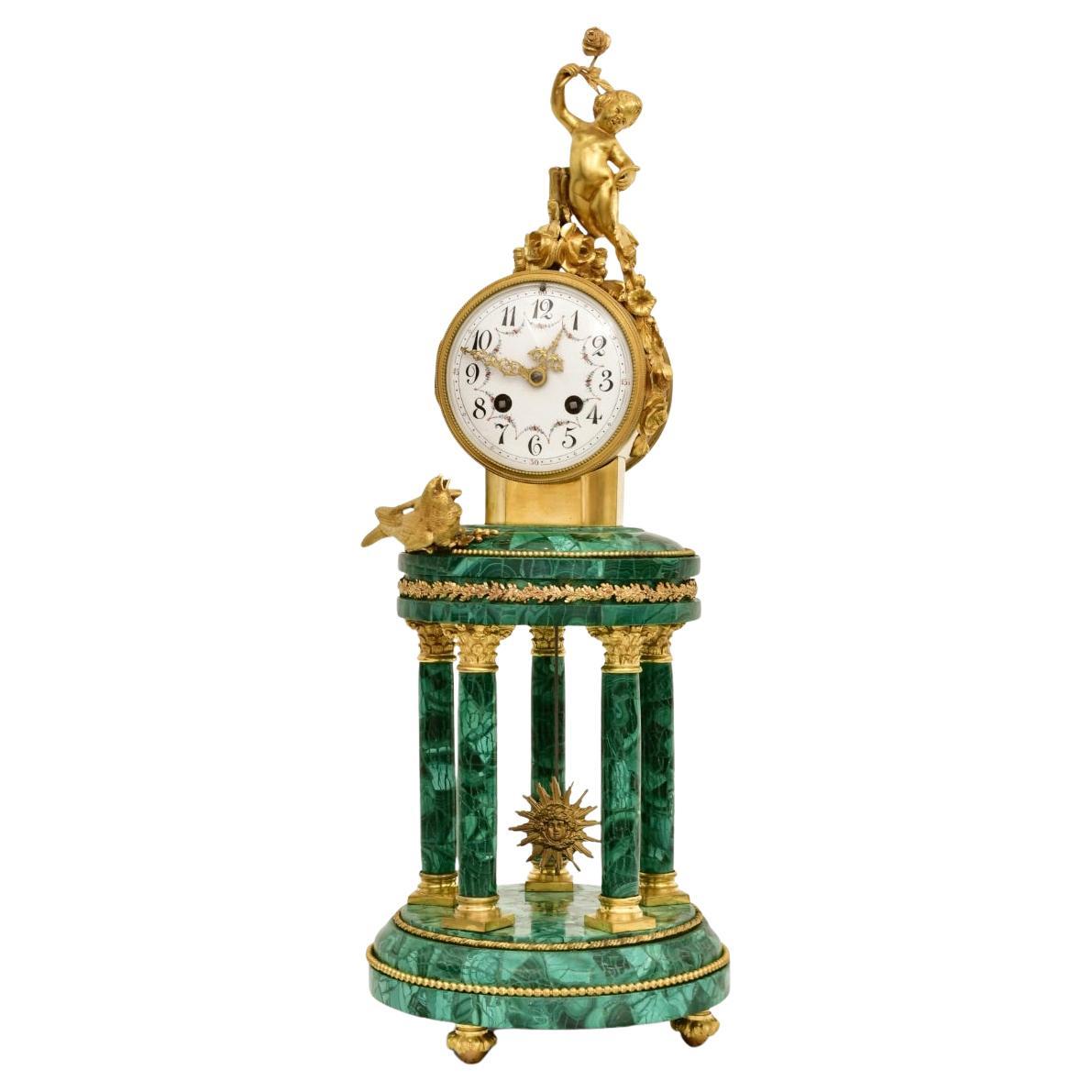 Antique Neoclassical Louis XVI Gilt Bronze / Malachite Mantel Clock For Sale