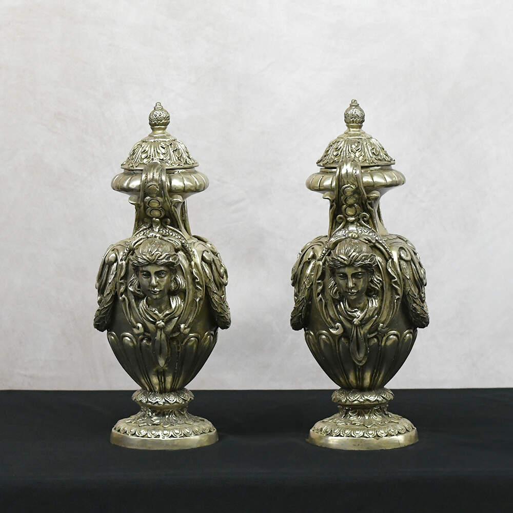 Italian Neoclassical Maiden's Visage Covered Urns For Sale
