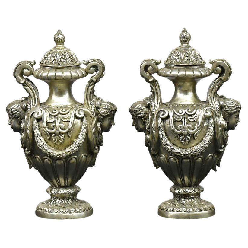 Neoclassical Maiden's Visage Covered Urns For Sale