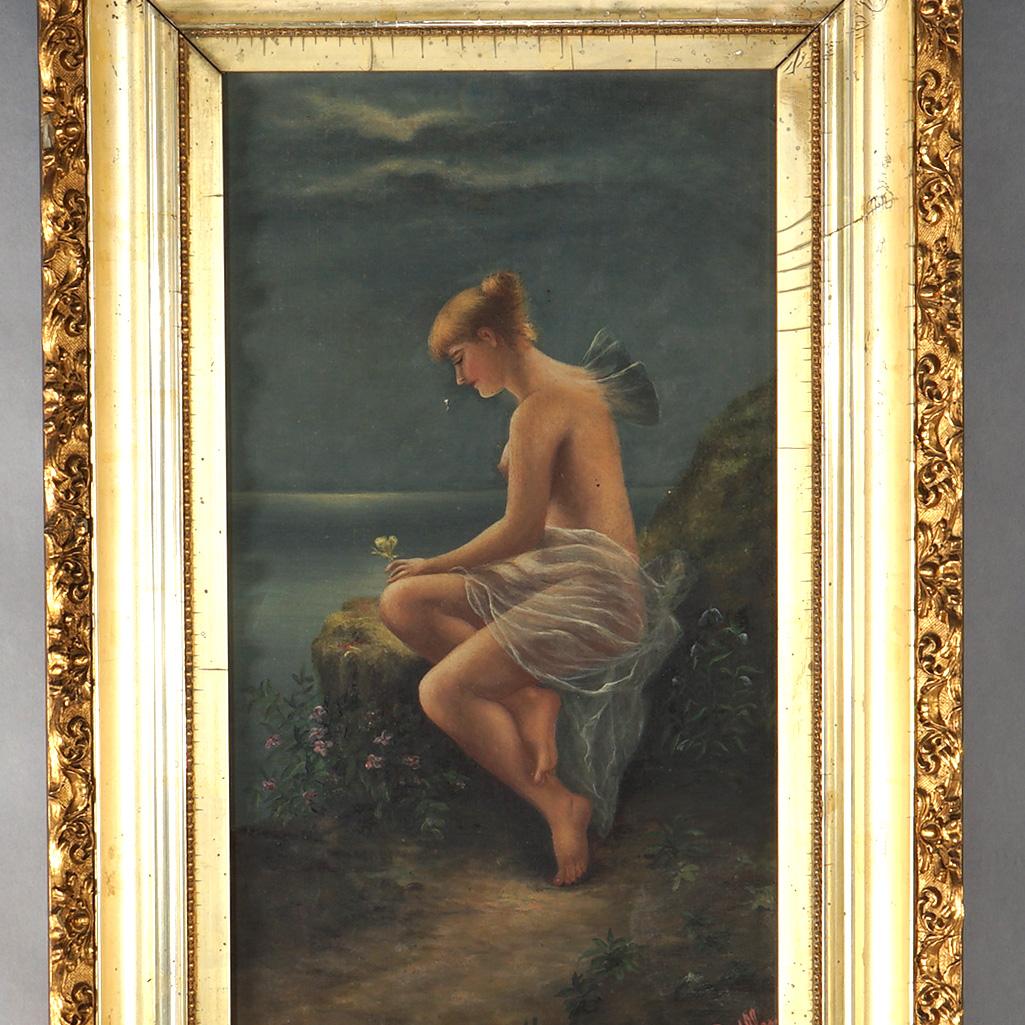 Antique Neoclassical Oil on Canvas Painting of a Fairy or Sea Nymph Signed Sitting Waterside with a Dragonfly by C. B. Allen 1901, Framed.

Measures - 24