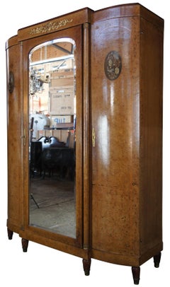 Antique Neoclassical Olive Burl Walnut Knockdown Armoire Wardrobe Mirror MOP