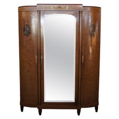 Antique Neoclassical Olive Burl Walnut Knockdown Armoire Wardrobe Mirror MOP