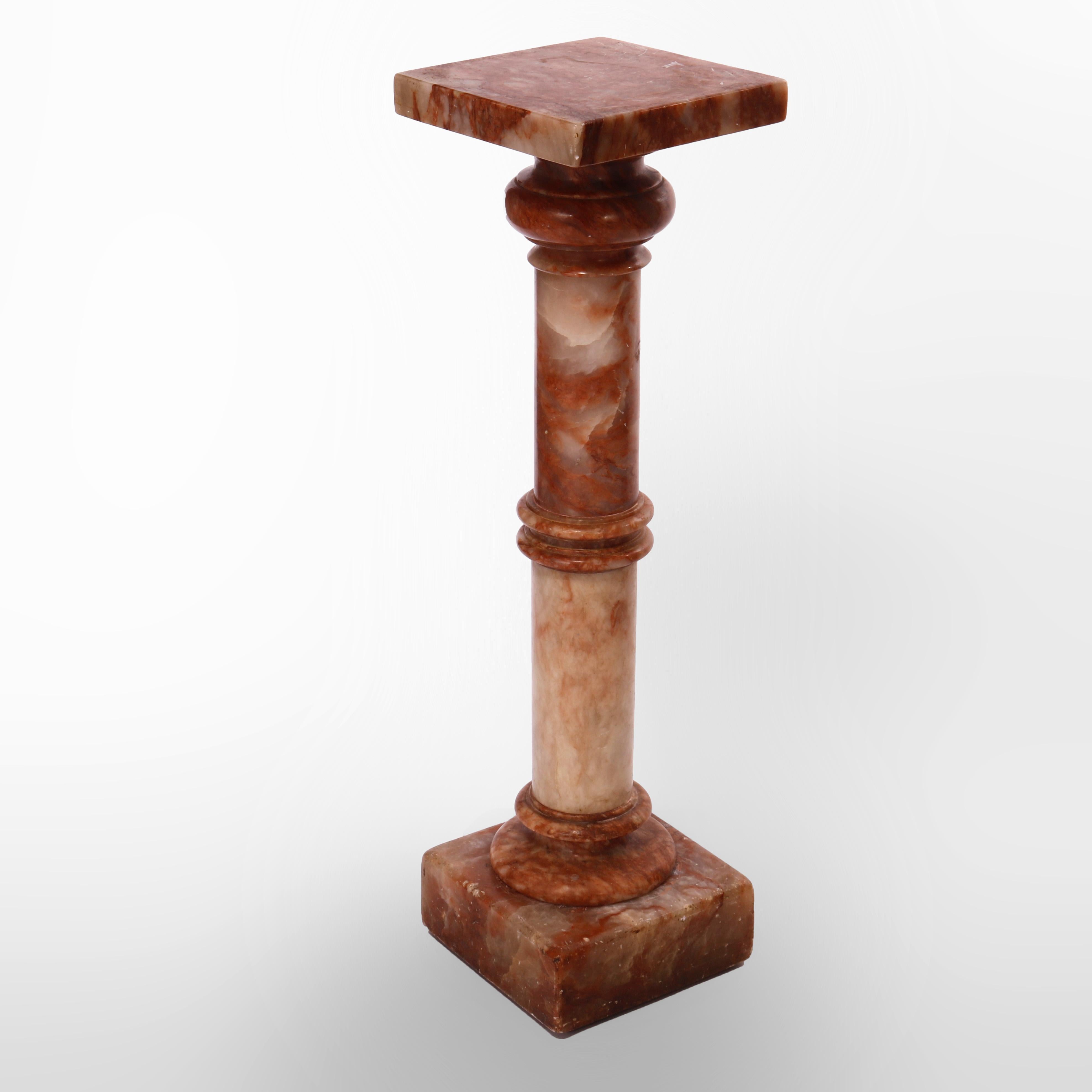 An antique sculpture pedestal offers onyx construction with square display over Doric form column and square foot, 19th C

Measures - 35.75'' H x 10'' x 10'' platform; 9'' x 9'' base.

Catalogue Note: Ask about DISCOUNTED DELIVERY RATES available to