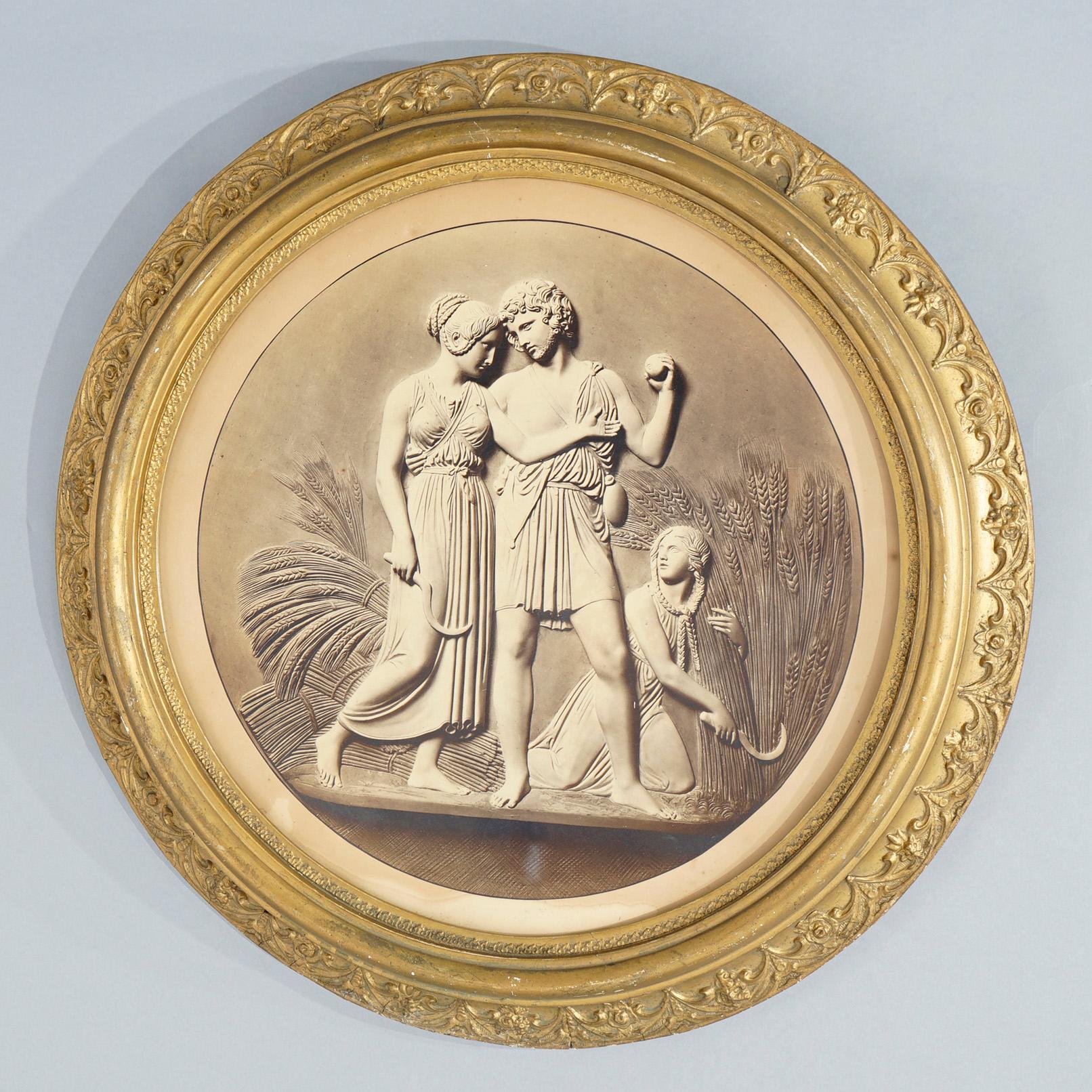 An antique Neoclassical print depicts figures and is seated in giltwood frame, c1880.

Measures- 23.25''H x 23.25''W x 3.25''D; sight: 18'' x 18''.

Catalogue Note: Ask about DISCOUNTED DELIVERY RATES available to most regions within 1,500 miles of