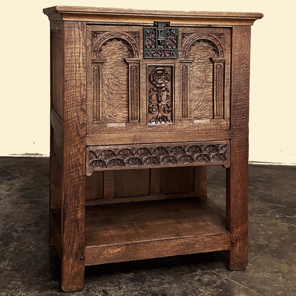 Antique Neoclassical Revival Raised Cabinet ~ Dry Bar will add an Old World yet charming rustic enhancement to any room.  Designed as a dry bar, its drop down front reveals a cabinet that can be used for a wide variety of storage requirements. 