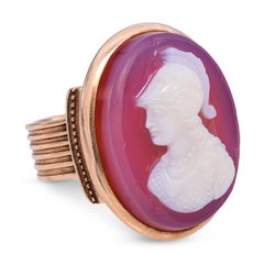 Antique Neoclassical Rose Gold Carved Agate Athena Goddess of War Cameo Ring