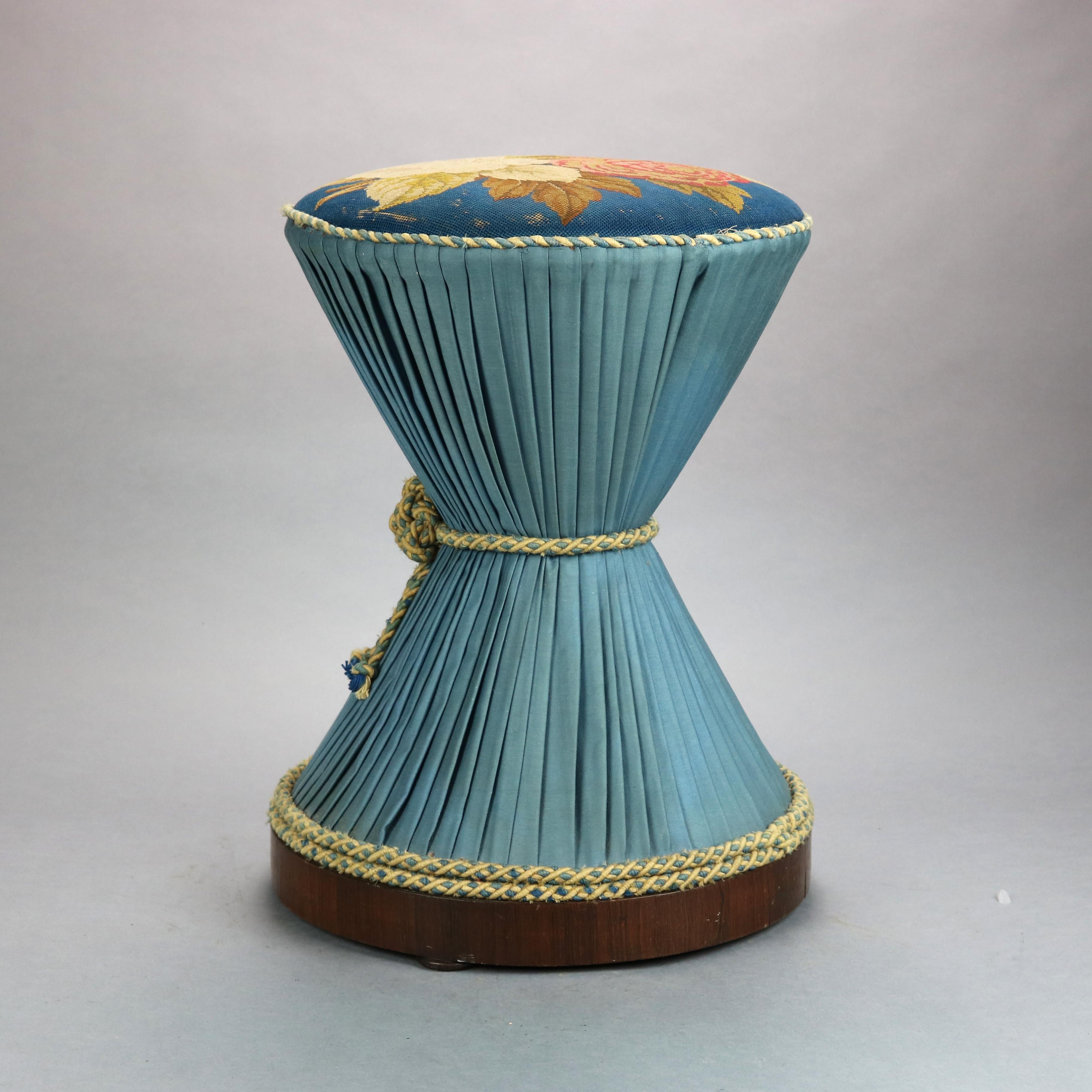 Upholstery Antique Neoclassical Rosewood & Needlepoint Hour Glass Vanity Seat Ottoman c1870