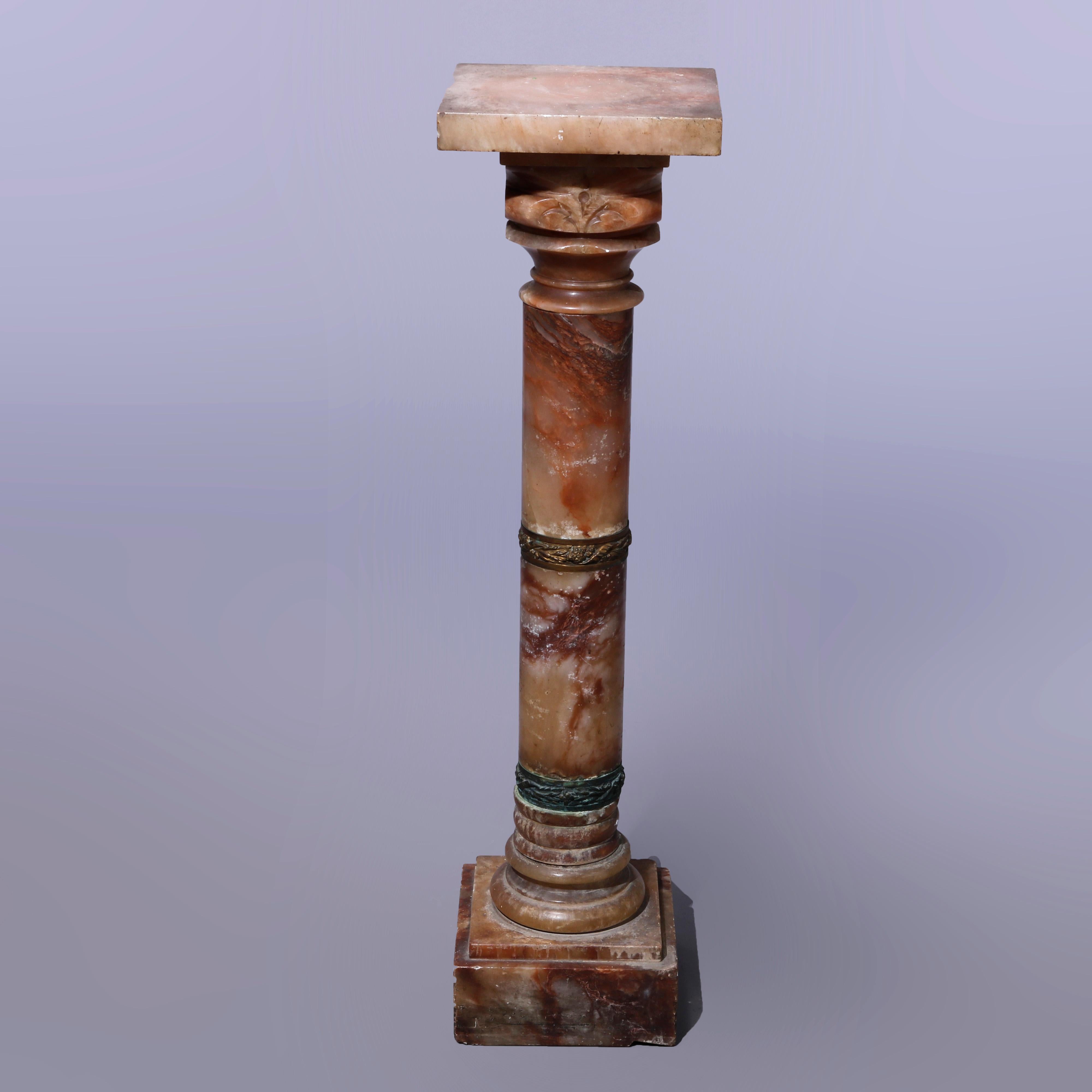 Carved Antique Neoclassical Rouge Onyx Sculpture Display Pedestal, Bronze Mounts, c1890 For Sale