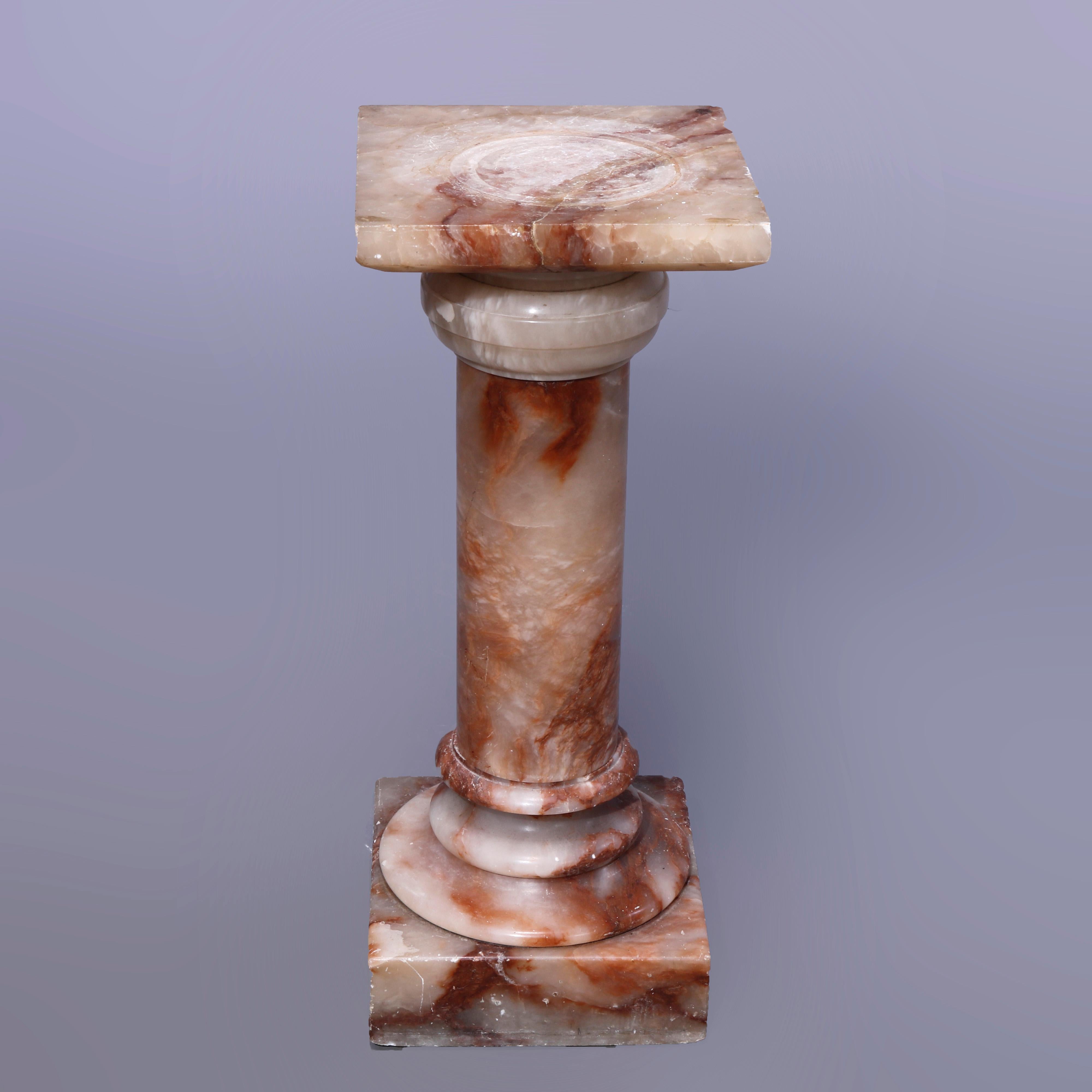 An antique neoclassical sculpture pedestal offers square display over turned Doric column, raised on stepped plinth and seated on square base, c1890

Measures - 29.75''h x 11.5''w x 11.5''d.

Catalogue Note: Ask about DISCOUNTED DELIVERY RATES