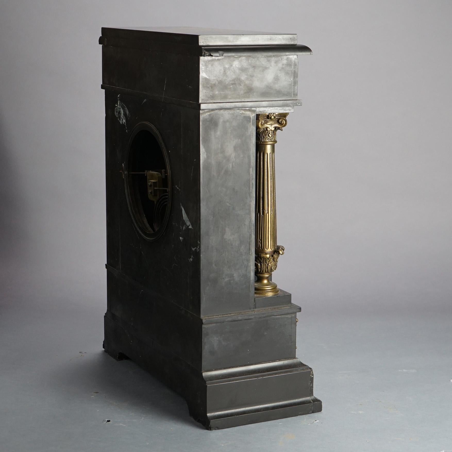 19th Century Antique Neoclassical Second Empire Black Marble Mantle Clock with Cherub Plaques