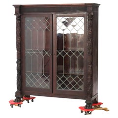 Antique Neoclassical Second Empire Mahogany & Leaded Glass 2-Door Bookcase C1890