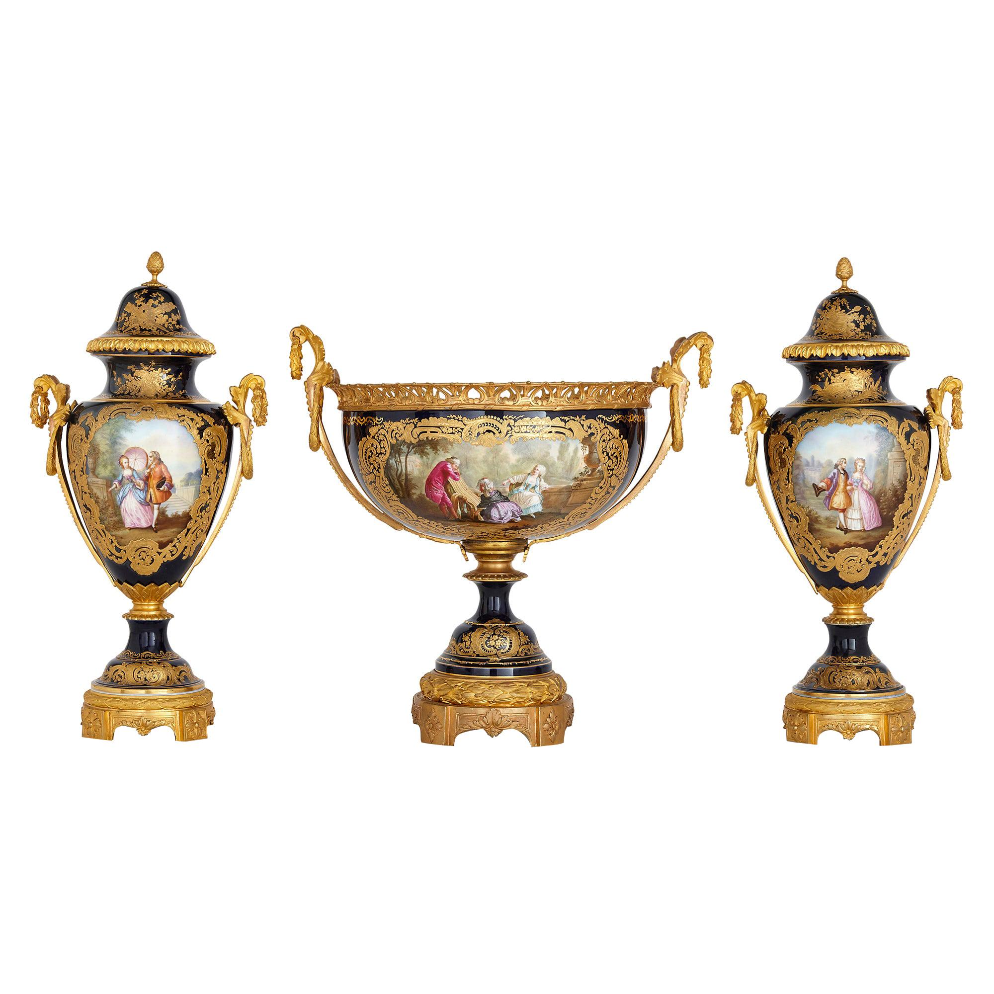Antique Neoclassical Sèvres Style Porcelain and Gilt Bronze Jardinière and Vases