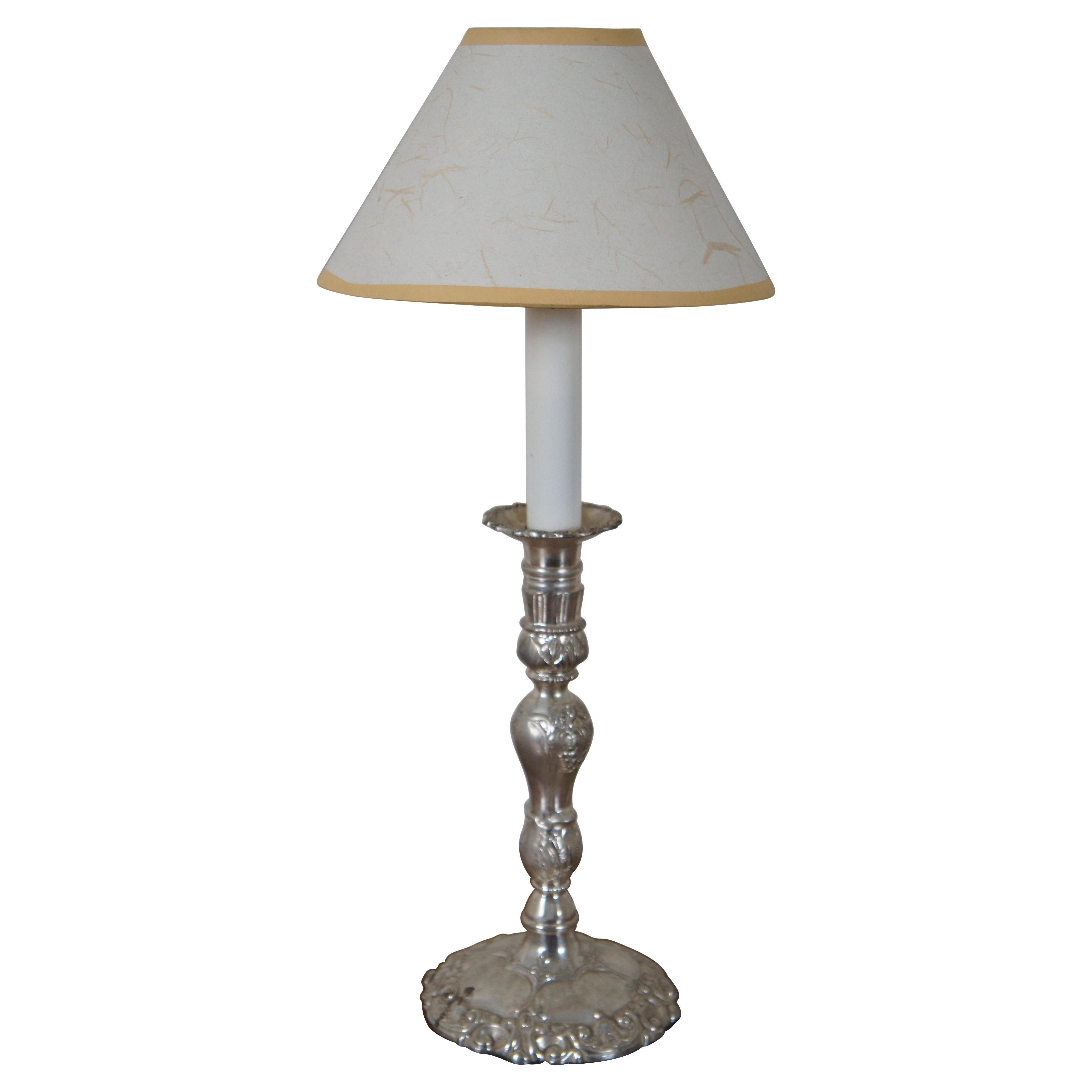Lampe de bureau néoclassique ancienne en métal argenté converti en bougeoir, lampe de bureau