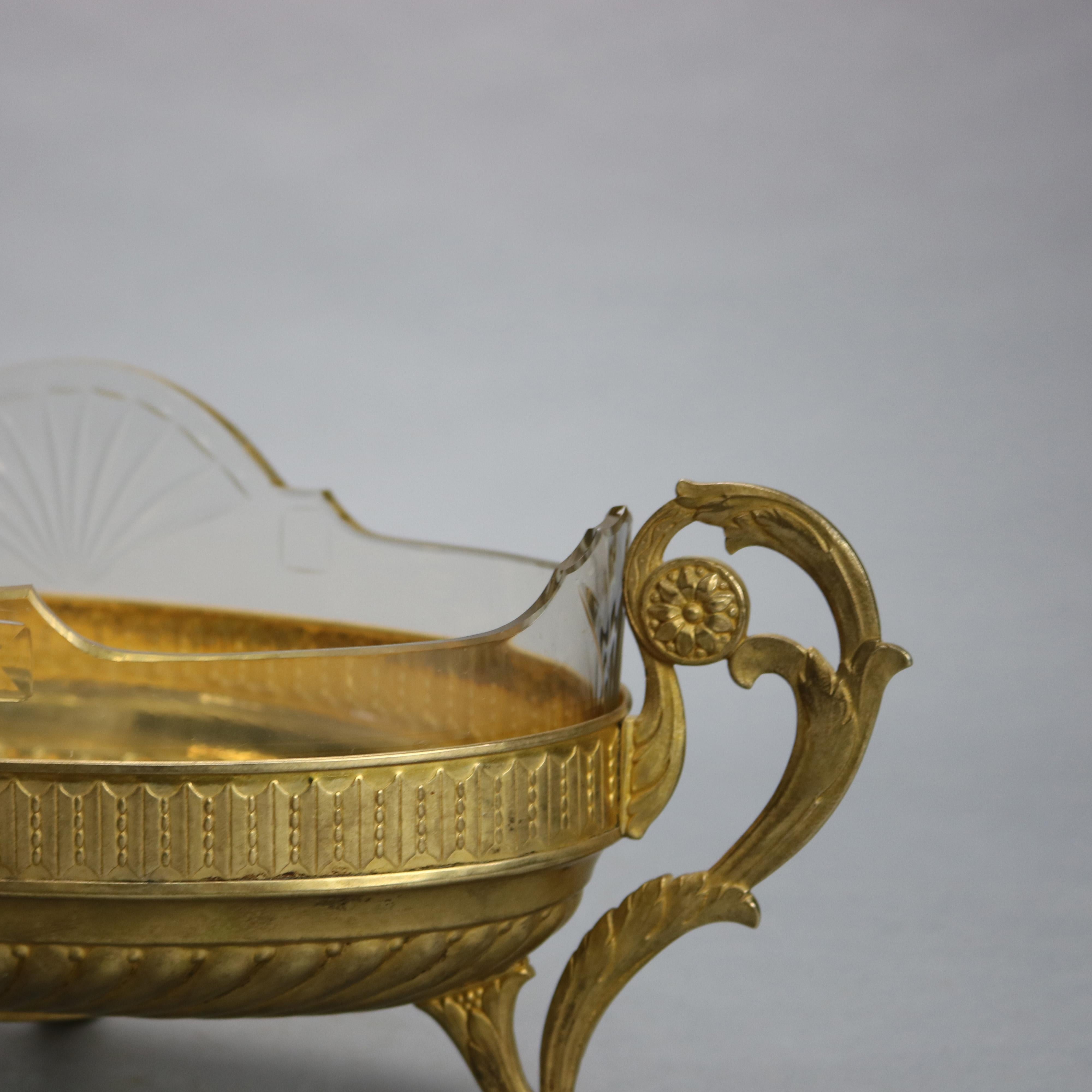 Cast Antique Neoclassical Silver Plate Gold Washed & Crystal Glass Center Bowl, c1900 For Sale