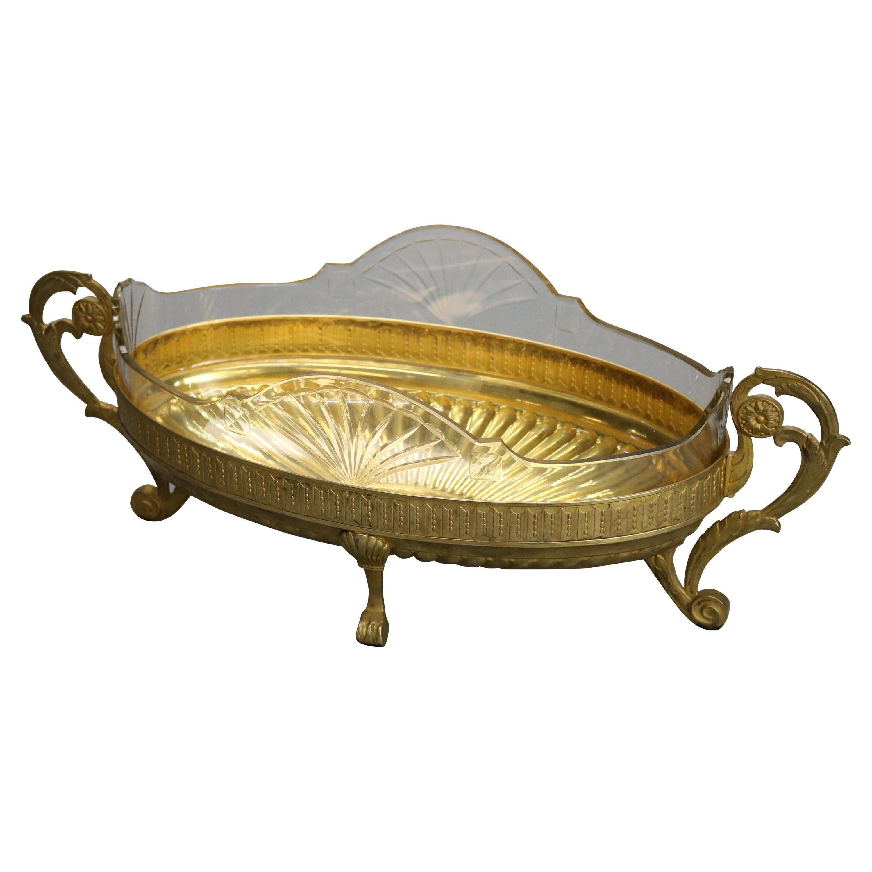 Antique Neoclassical Silver Plate Gold Washed & Crystal Glass Center Bowl, c1900 For Sale