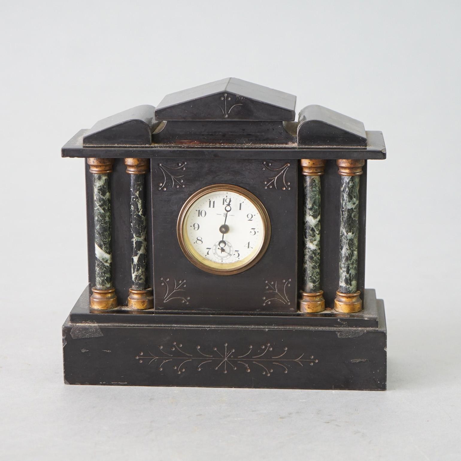 Antique Neoclassical Slate Clock with Marble Columns, Architectural in Form,  C1910

Measures- 7.75''H x 8.25''W x 3''D