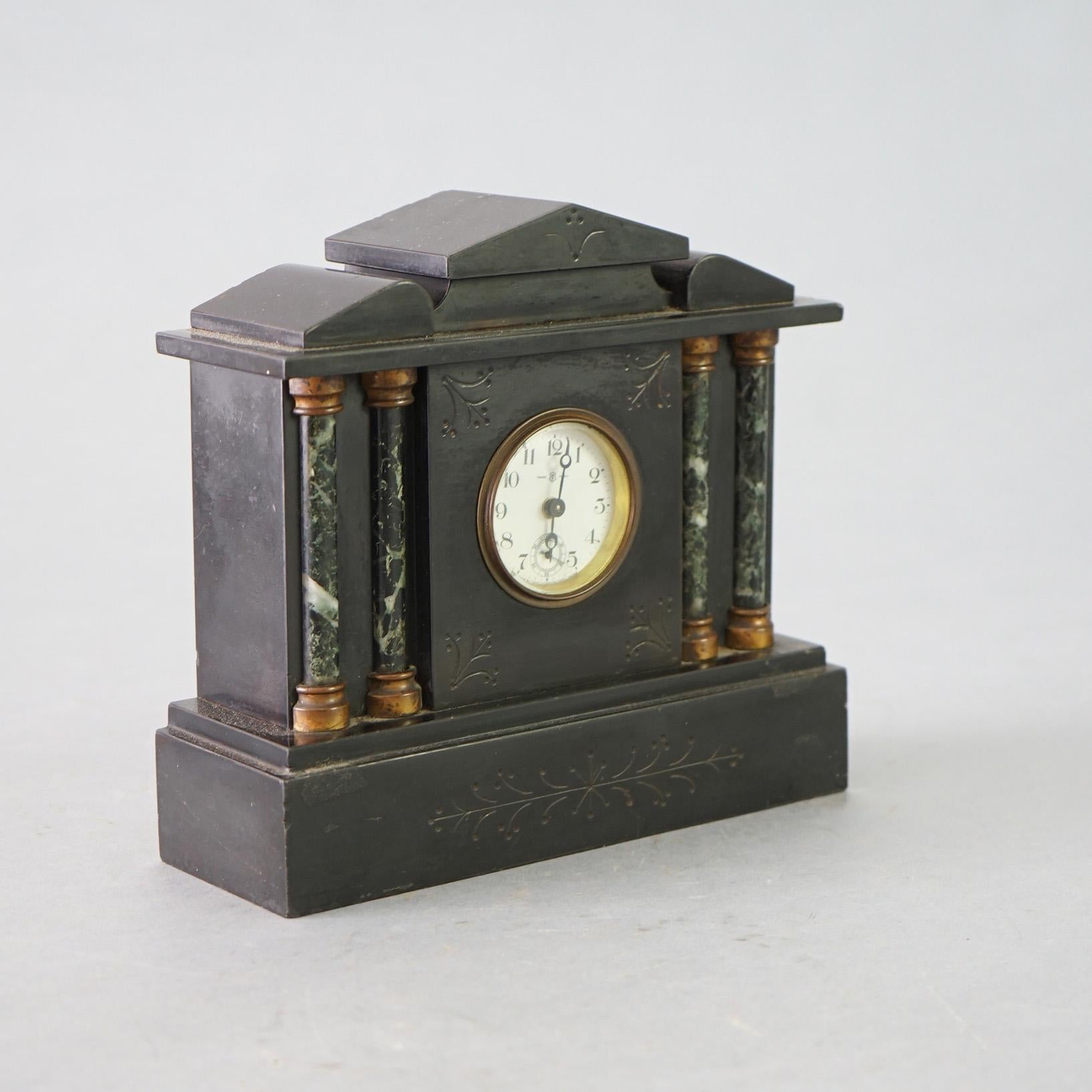 Antique Neoclassical Slate Clock with Marble Columns C1910 In Good Condition In Big Flats, NY