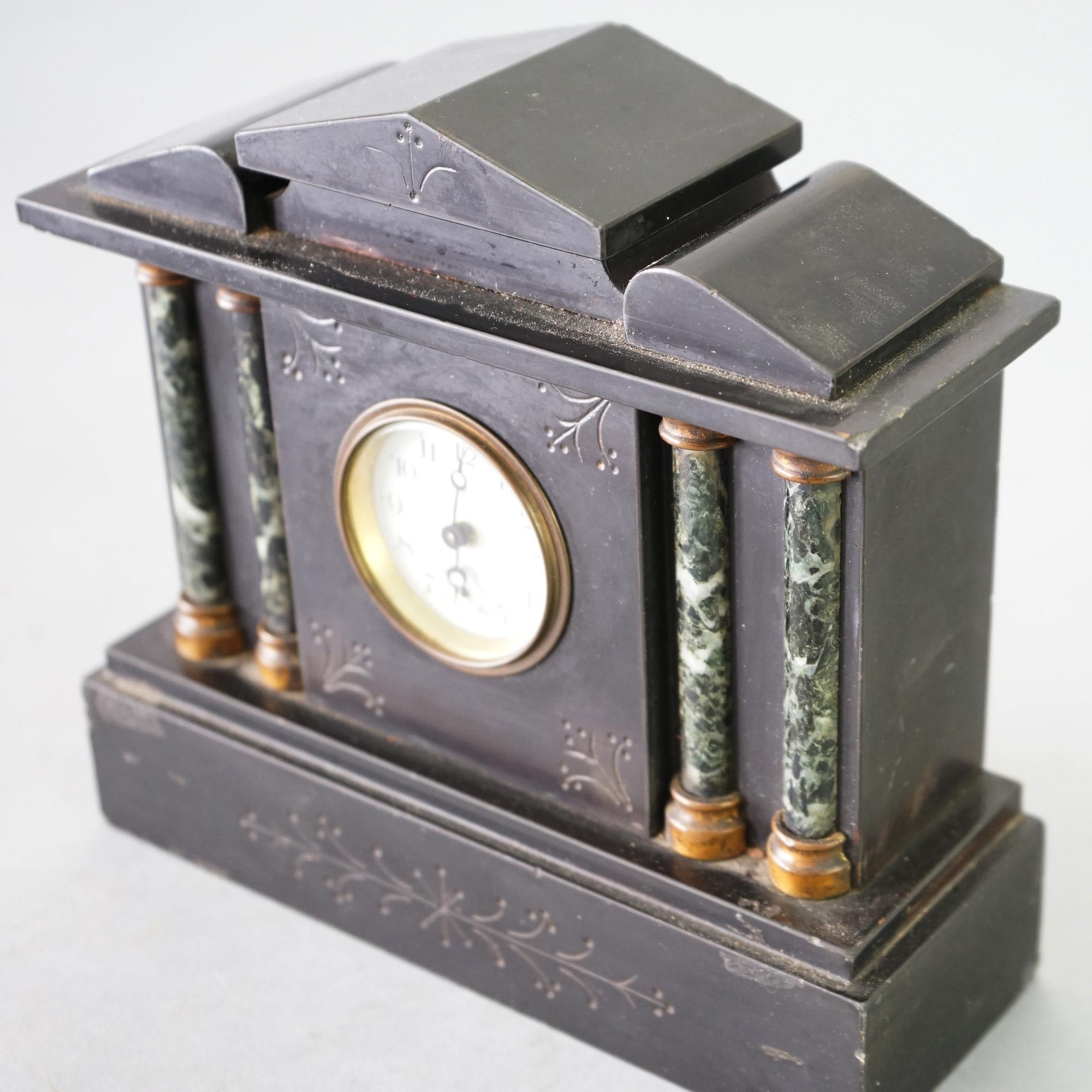 Antique Neoclassical Slate Clock with Marble Columns C1910 1