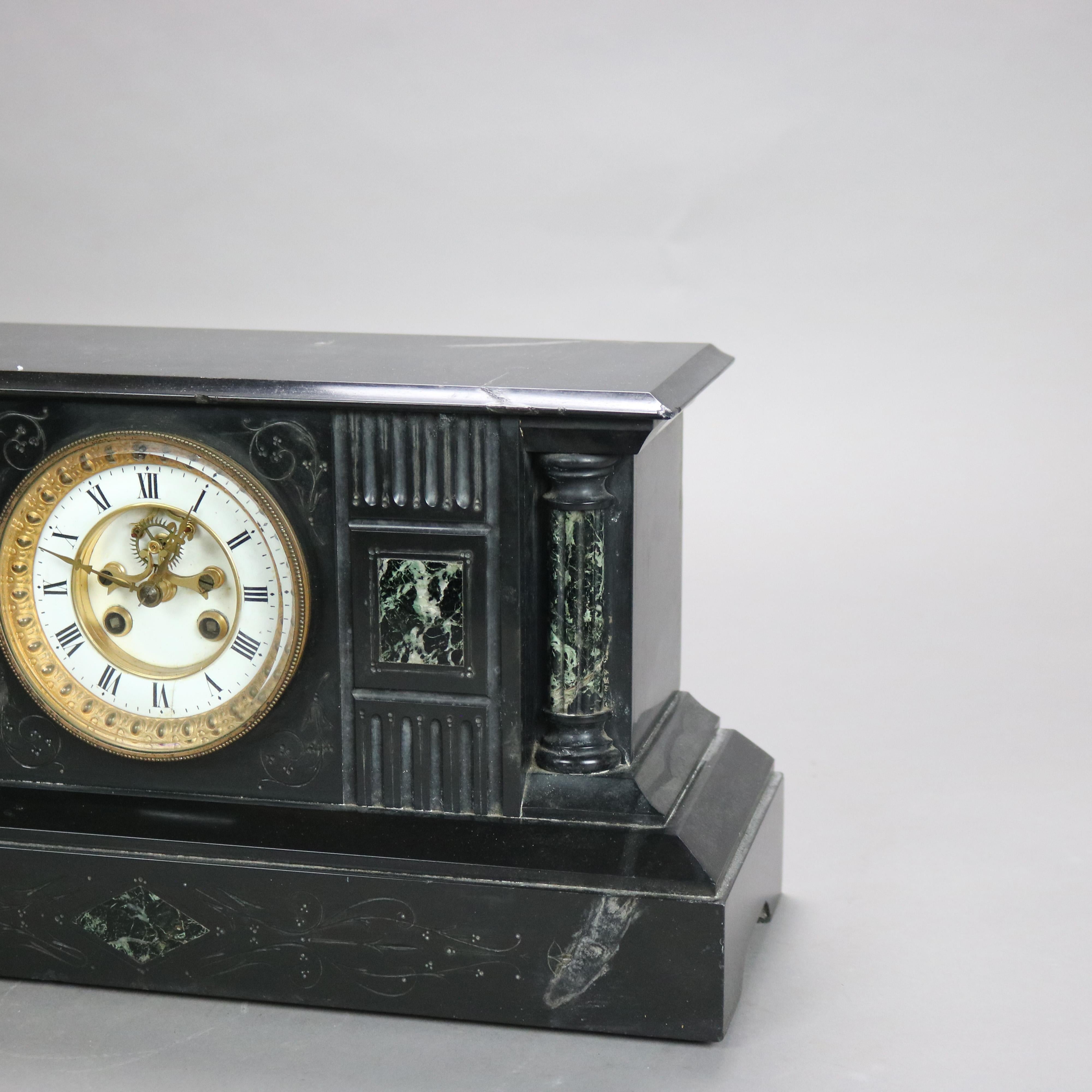 19th Century Antique Neoclassical Slate Mantle Clock with Open Escapement, c1890 For Sale